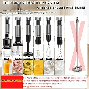 Handheld Immersion Blender, 1000W Powerful 10-in-1 Set for Smoothies,Orange Juicer, Egg Beater, Dough Hook, Vegetable Chopper, Potato Masher (11th Accessory Not Recommended)