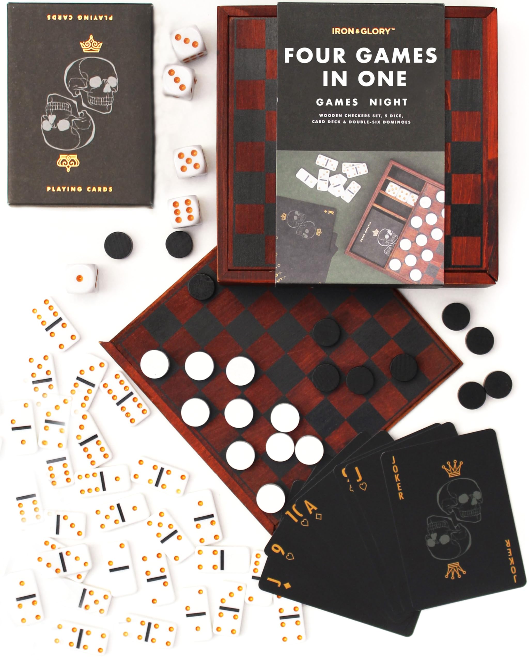 Iron & Glory Games Night | Spiele für Erwachsene für den Spieleabend | 4 in 1 Spiele für Erwachsene | Spiele in Reisegröße & Tischspiele | Klassische Brettspiele | Inklusive Spielkarten, Domino-Set &