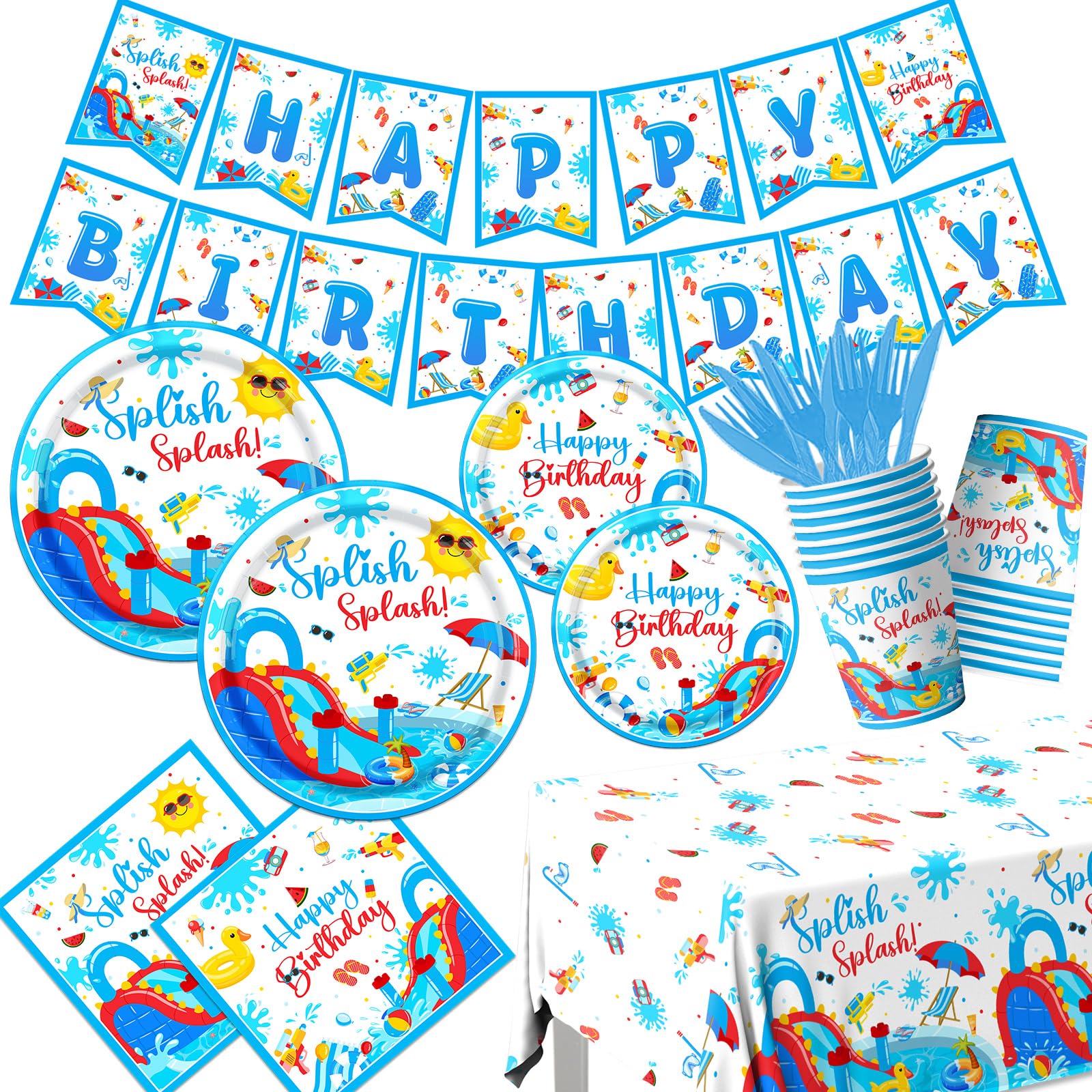 Splish Splash Birthday Decorations Tableware, 142 Pcs Summer Birthday Party Decorations includes Water Slide Party Decorations Plates and Napkins for Waterslide Party Decorations Pool Birthday Party