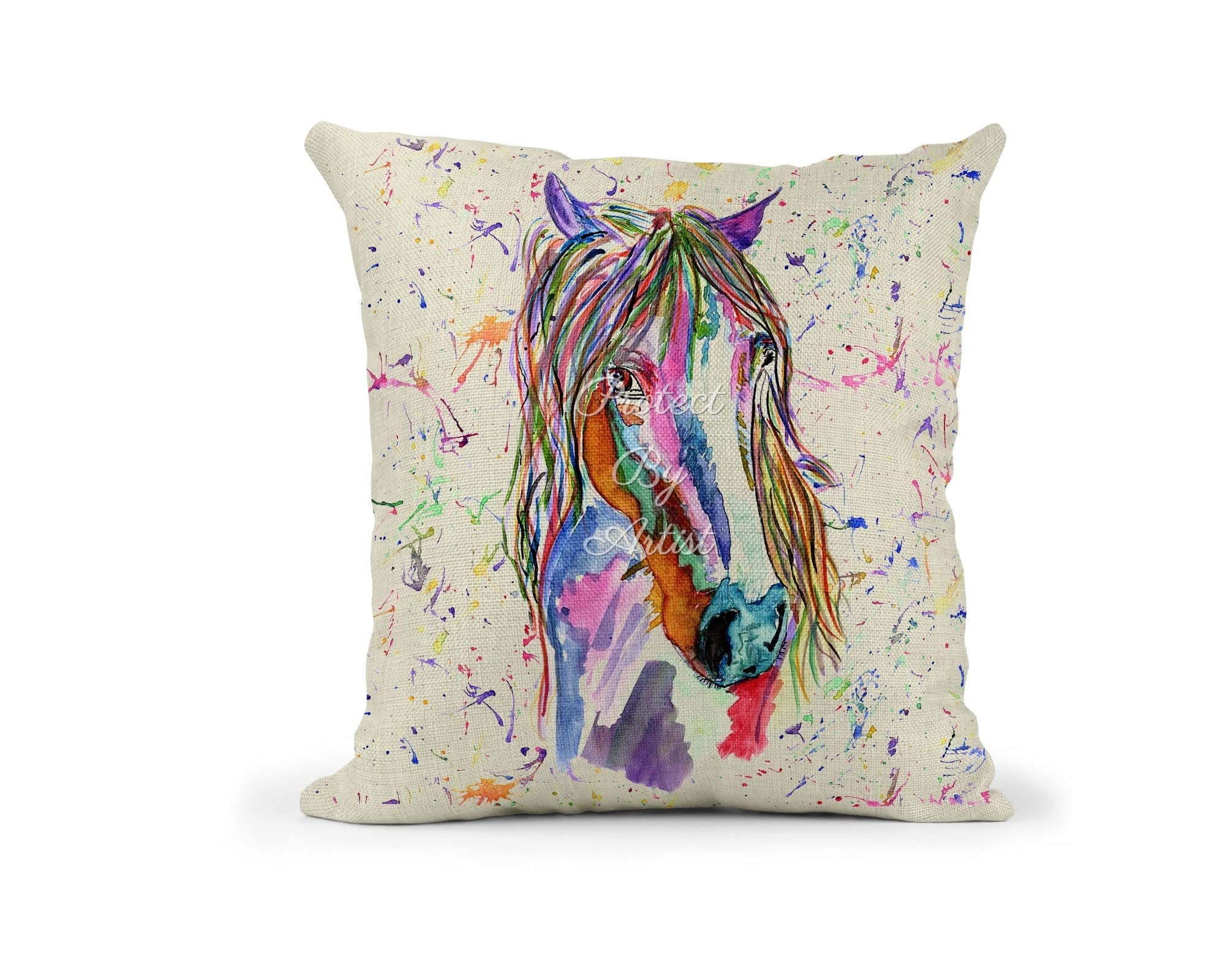 Vixar Horse Watercolour Rainbow Art Farm Animals Linnen Cushion With filling or cover only, 40x40cm, gift, christmas, Birthday (with Insert)