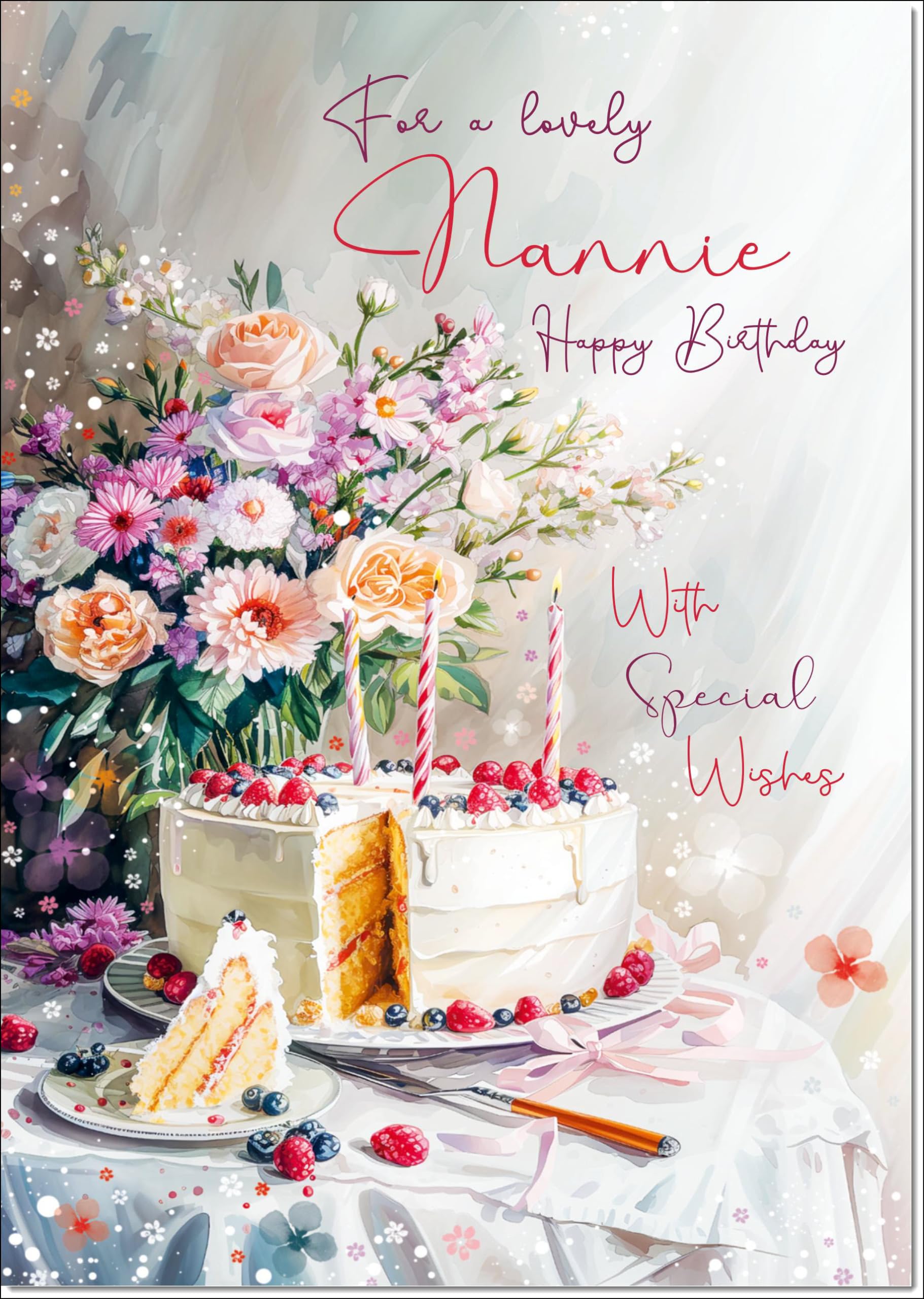 doodlecards Nannie Birthday Card Birthday Cake and Flowers Large A4 Size with Plain Envelope