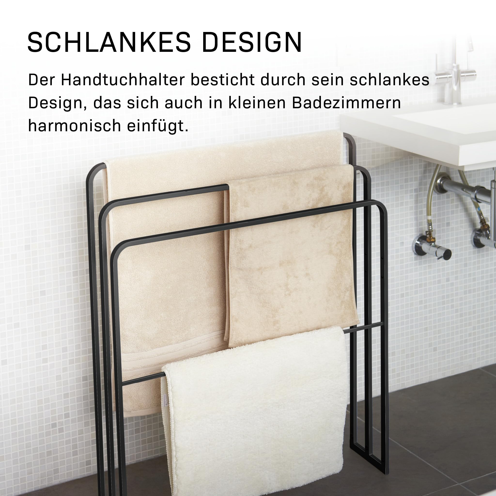 Yamazaki Tower Handtuchständer mit 3 Stangen aus Stahl - für Badematte/Handtücher, schmal, modern - 14 x 70 x 81 cm, Japanisches Design, schwarz