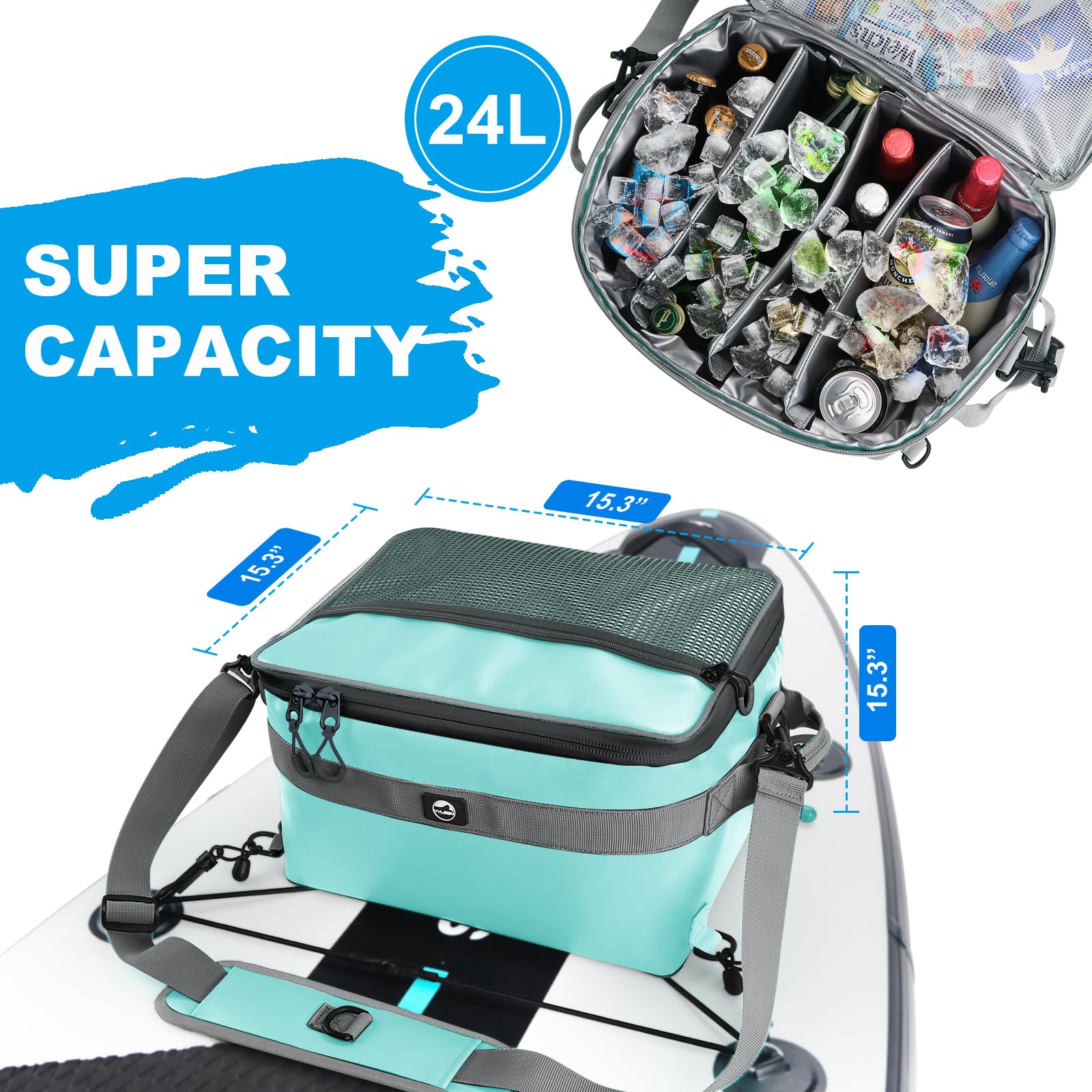 YVLEEN Wasserdichter Paddel-Borad-Kühler, SUP-Kühler, strapazierfähiges PVC-Material, Paddelboard-Deck-Tasche mit Netztasche oben, verstellbare Riemen, super Kapazität für Stand-Up-Paddleboard und