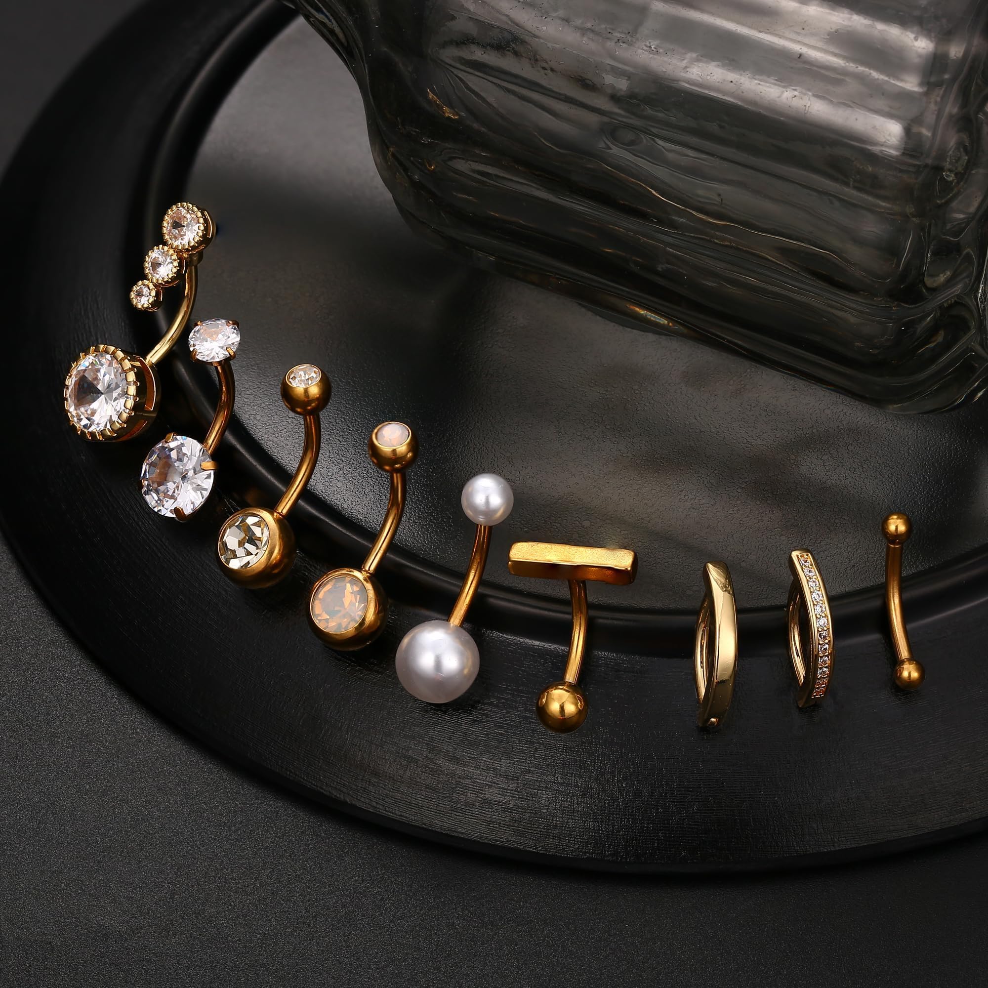 Morfetto 9 sztuk kolczyków do pępka ze stali chirurgicznej, 14G Piercing do pępka dla kobiet, kolczyk do pępka złoty/srebrny, CZ perła Clicker do pępka Piercing 10/12 mm