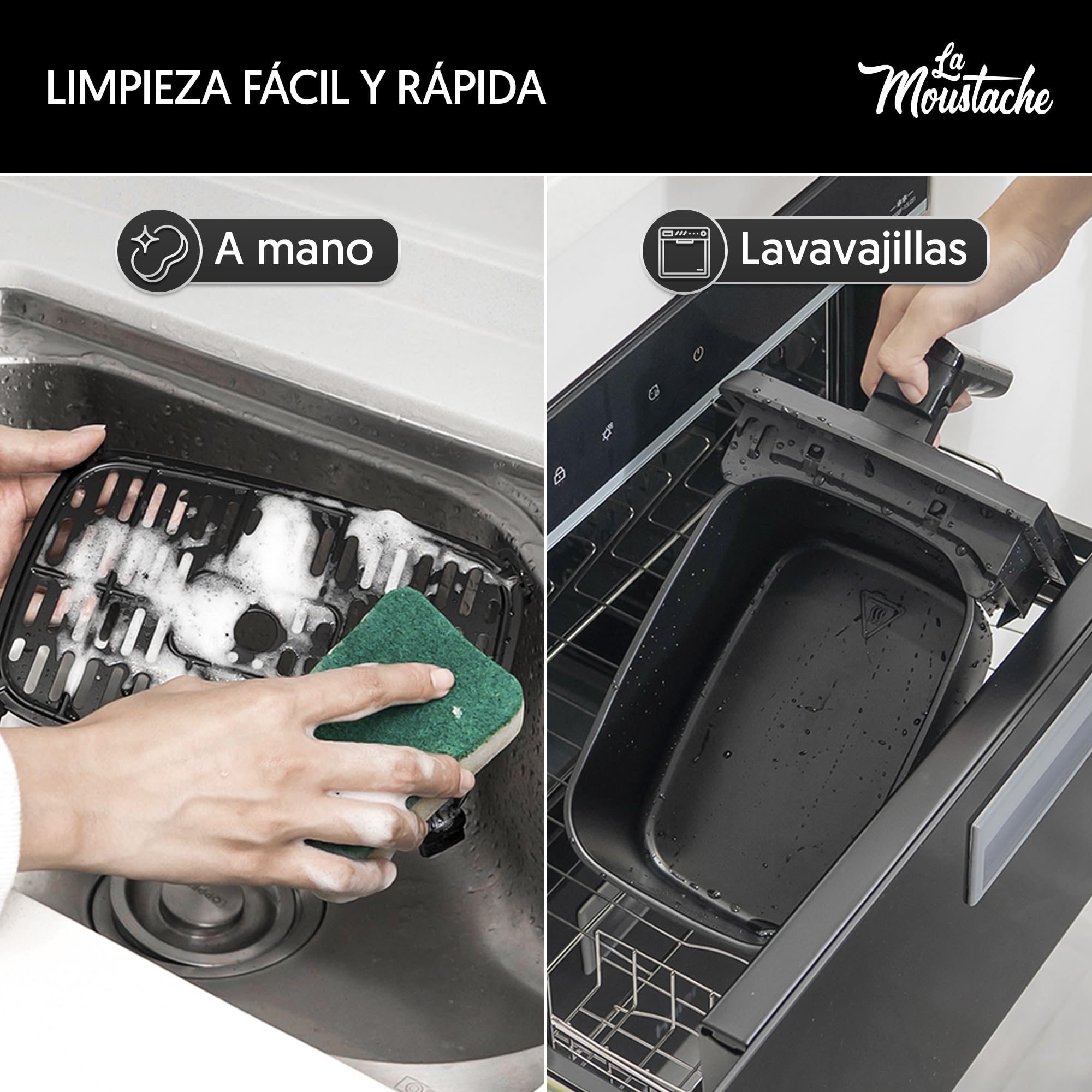 La Moustache - Freidora de Aire sin Aceite 8L con Doble Cesta, 2 Cestas Independientes de 4L, Air Fryer 6 en 1, 1700W, 10 Modos, 60-200 °C, Apta para Lavavajillas (DuoFry Gray)
