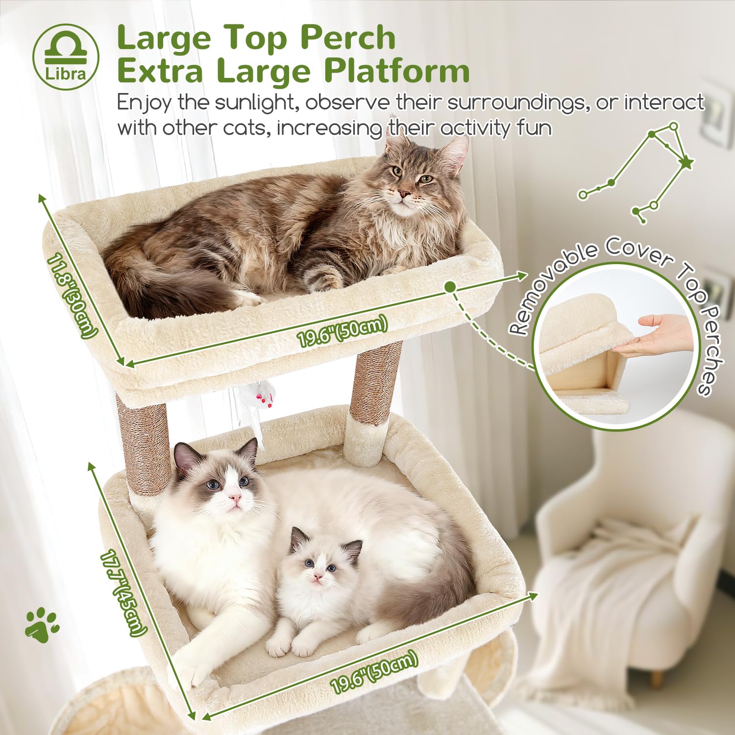 Globlazer Árbol Rascador Beige XXL Alto 200 cm con 2 Grandes Nidos, 2 Grande Plataformas, 2 Tabla Rascar Sisal, 2 Cesta, Estable Árbol Torre para Grande Gato 3-5 Adulto Gatos Más de 7 kg (Z78, Beige)