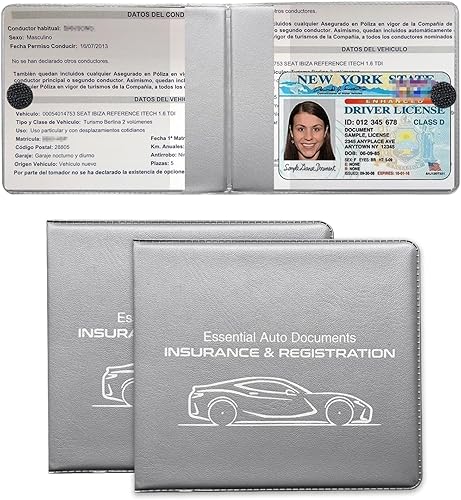 Soporte para registro y seguro de automóvil, paquete de 2 organizadores de documentos esenciales de alta calidad con cierre de velcro fuerte,