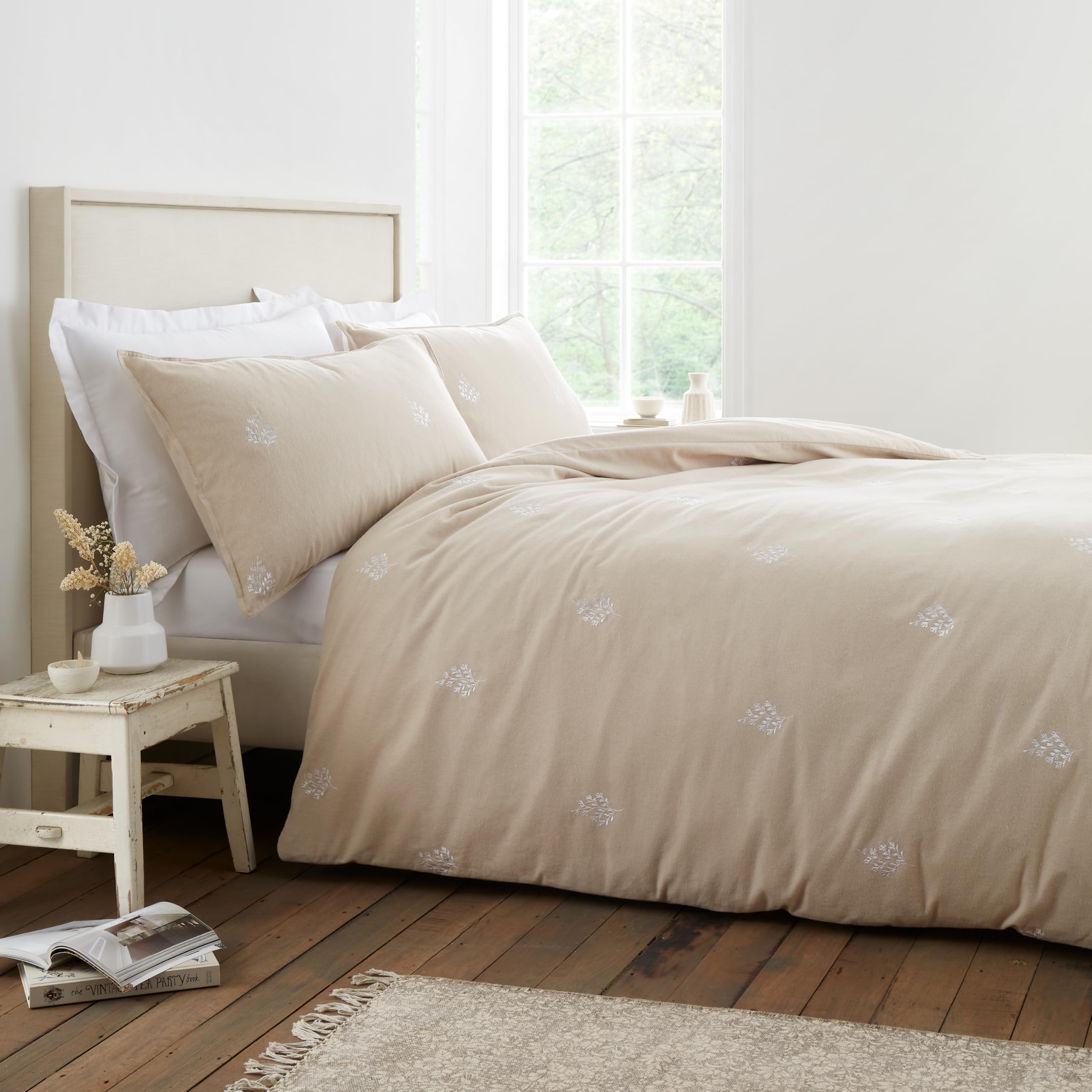 Bianca Brushed Cotton Embroidery Leaf Single Duvet Cover Set Natural