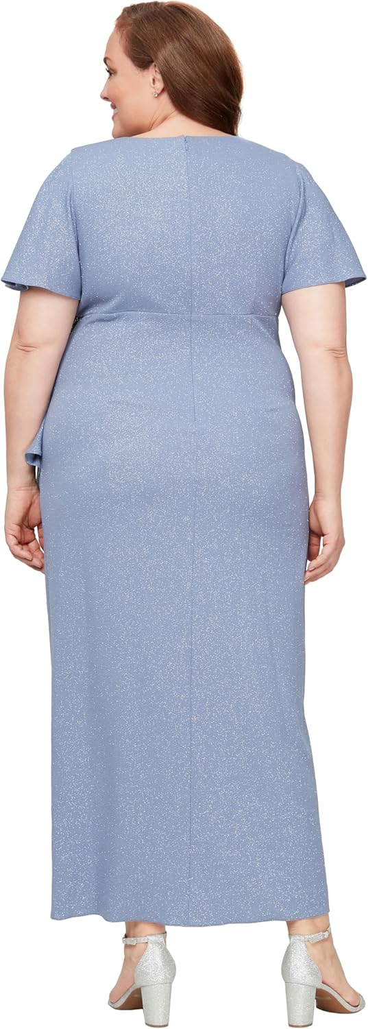 S.L. Fashions Women's Long V-Neck Mother of The Bride Dress with Ruched Waist, Elbow Sleeves and Front Slit (Plus Size) - Image 2