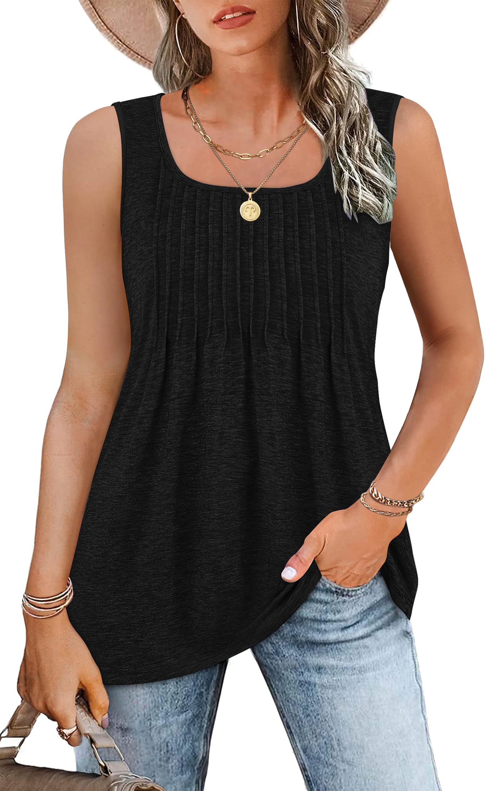 WNEEDU Tank Tops for Women Sleeveless Tunic Top Square Neck Shirt Pleated Summer Dressy Blouse Loose Fit Clothes 2025 Trendy