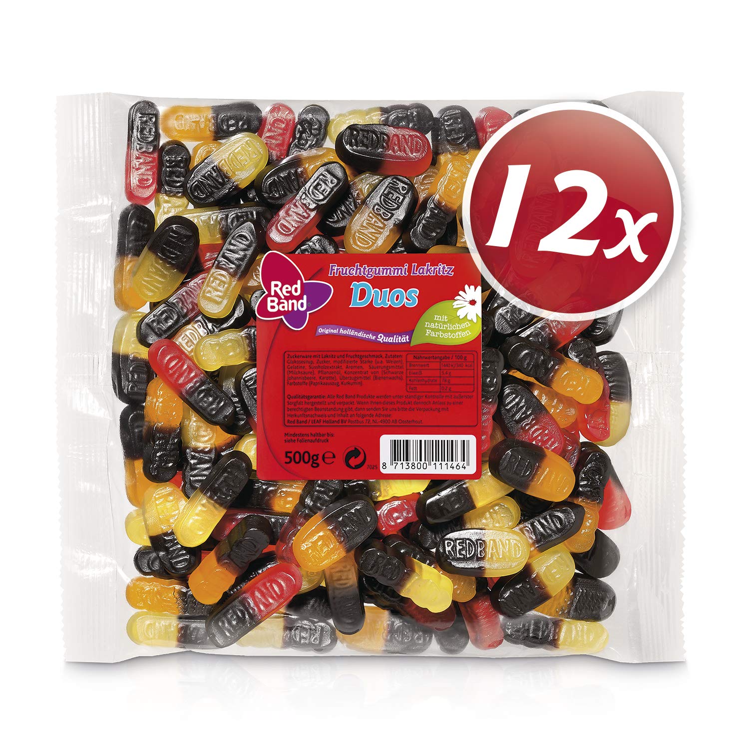 Red Band Fruchtgummi Lakritz Duos - Großpackungen: 12er Pack (500 g Beutel) - Zwei-in-eins-Geschmackserlebnis - Holländische Qualität- Süßigkeiten