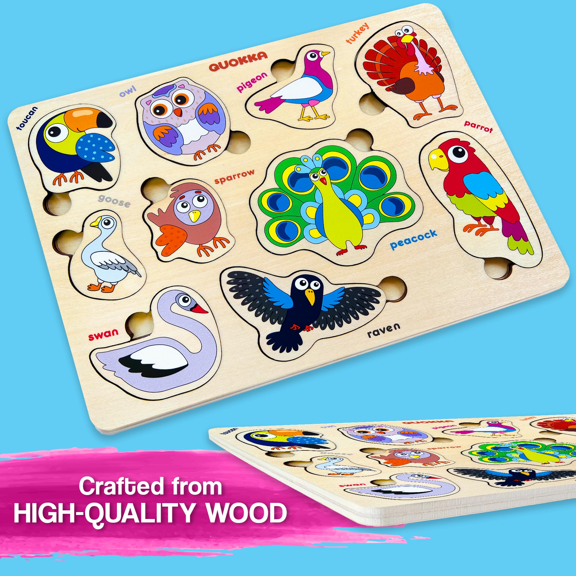QUOKKA Puzzle Legno Bambini 2 Anni - 3 Giochi Montessori per Bambini da 1 Anno - Puzzle Giocattolo in Legno con Uccelli per Bambini da 2 a 3 Anni - Educativo Giocattolo Regalo Bambino 1 2 3 4 Anni