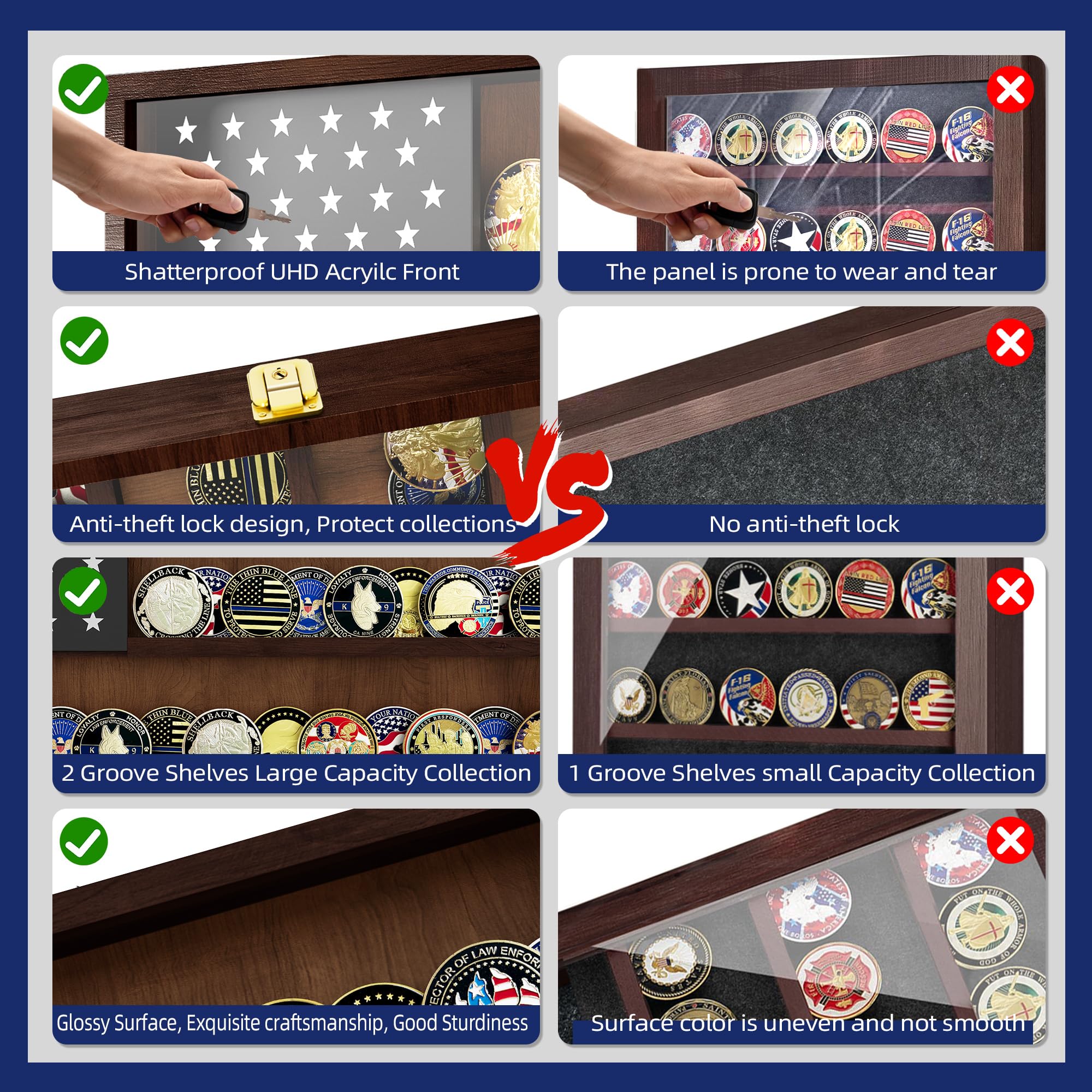 Military Challenge - Vitrina de monedas de 16 x 12 pulgadas, caja de madera con puerta acrílica UHD antipolvo y cerradura antirrobo dorada y soporte de pared, regalo para coleccionistas (marrón carbón