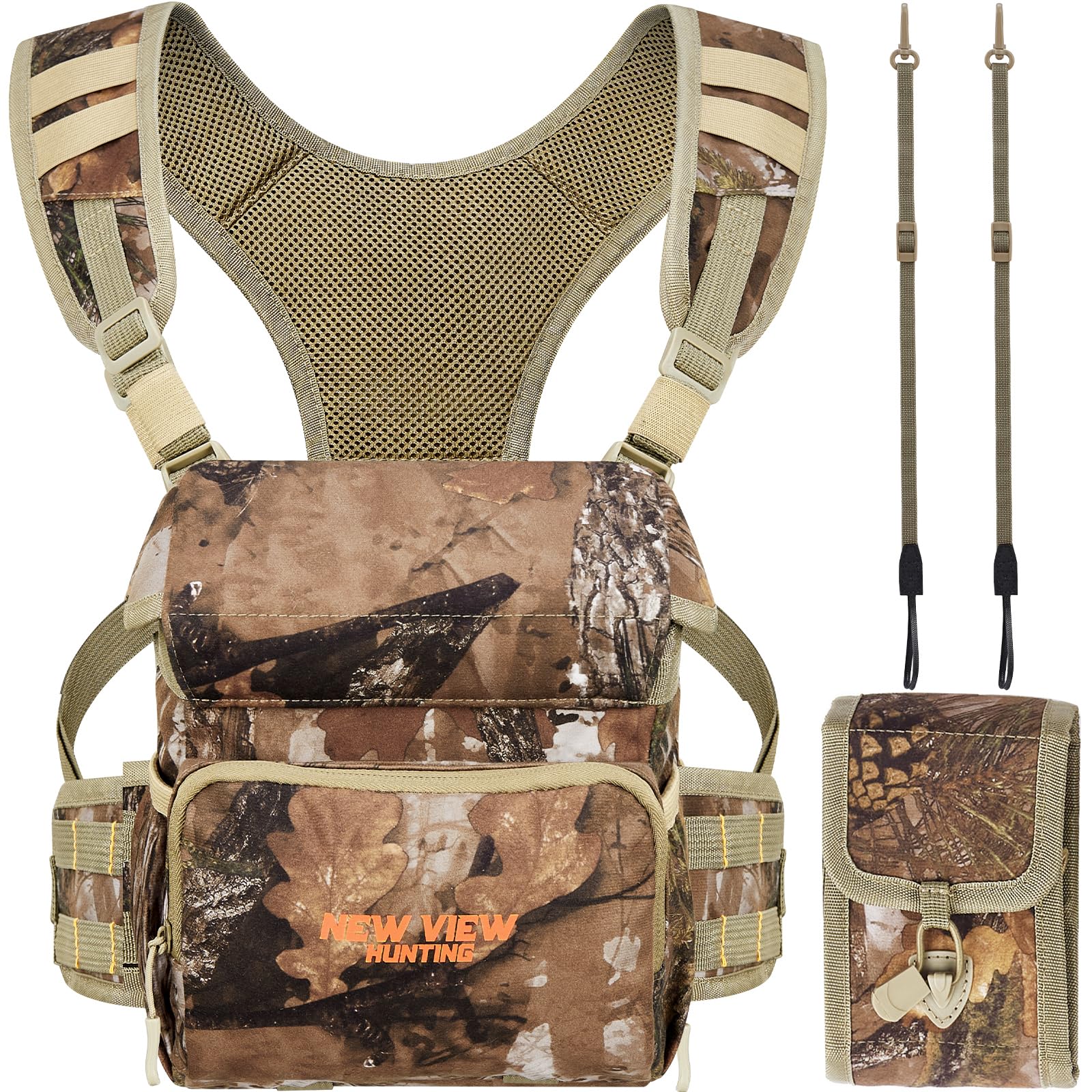 NewView Arnés Binocular para Pecho con Bolsa de telémetro Desmontable, Correa bino Ajustable y Protector de Lluvia, Ideal para Caza, Senderismo y observación de Aves, M, Camuflaje, Camuflaje