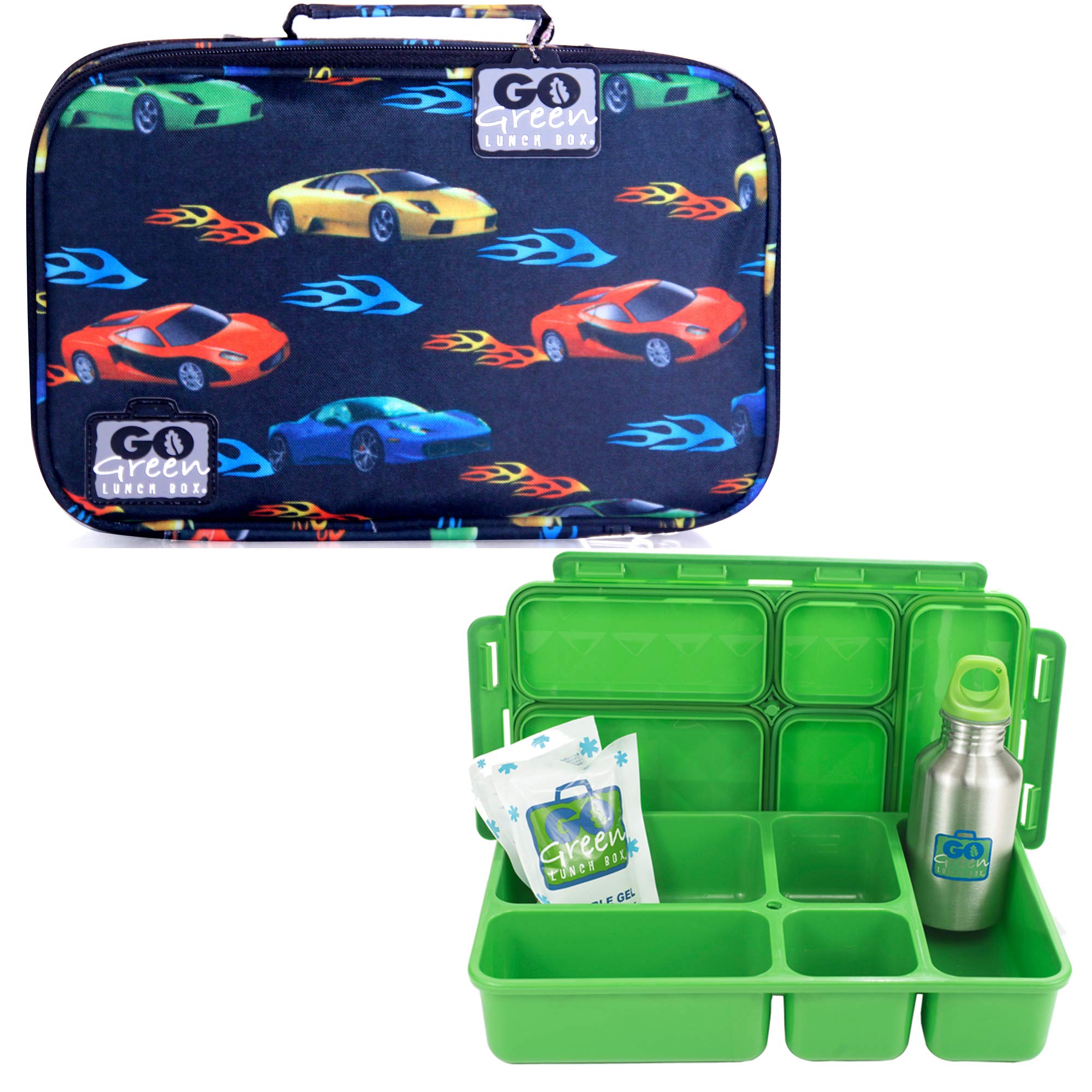 Go Green Lunch Box Lunch Box Set With 5 Compartment Leak-Proof Bento Lunch Box, Insulated Carrying Bag, Beverage Bottle, and Gel Freezer Pack Adults and Kids Race Cars (Fast Flames)