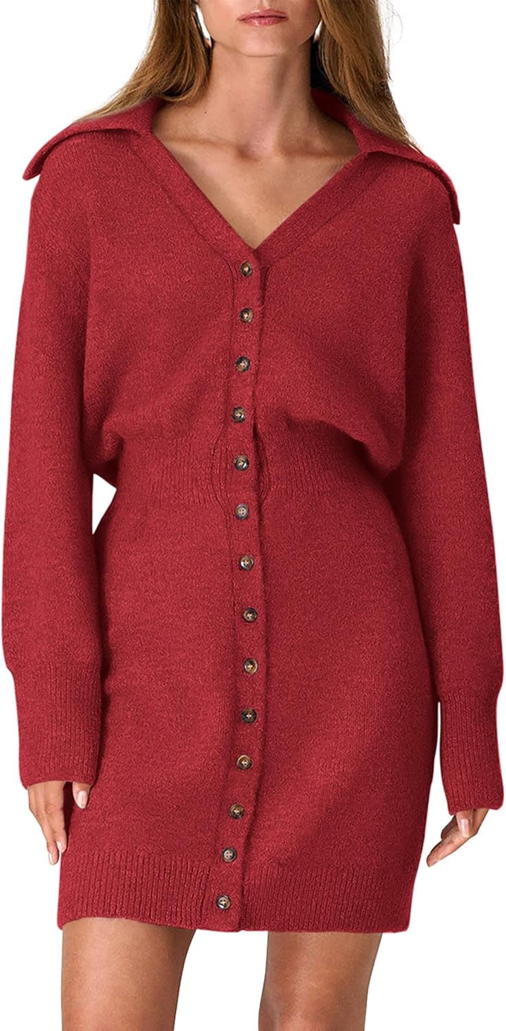 PRETTYGARDEN Sweater Dresses for Women 2025 Trendy Long Sleeve Button Down Short Mini Fall Winter Dress