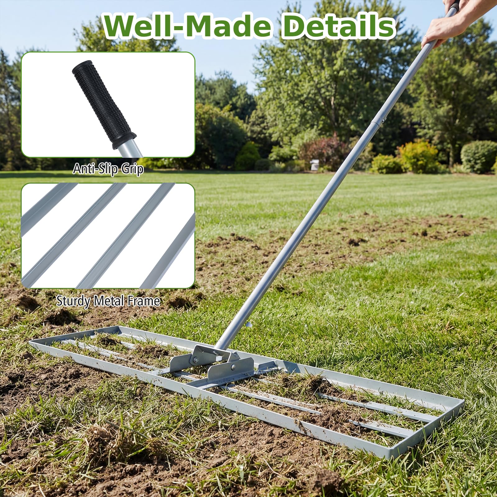 Rastrello livellatore per prato, livellatore per prato in metallo resistente con manico regolabile, strumento per livellare il terreno senza fatica per giardino, prato, campo da golf (verde, 91 x 2