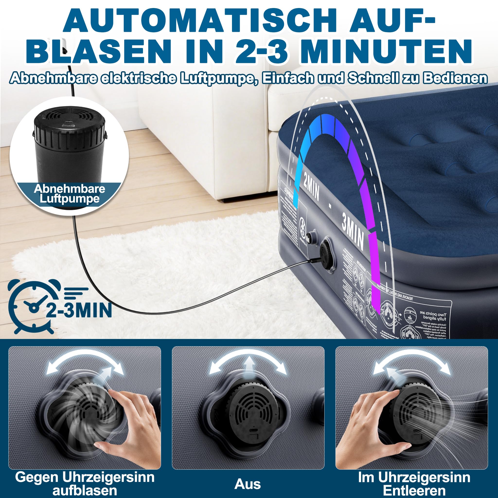 YRHome Aufblasbare Luftmatratze mit Pumpe | 2 Personen 203×152cm | Bis zu 300kg Tragkraft | Schnell Aufgeblasen in 3 Min | Klappbar mit Tragetasche | Campingmatratze & Gästebett | Dunkelblau