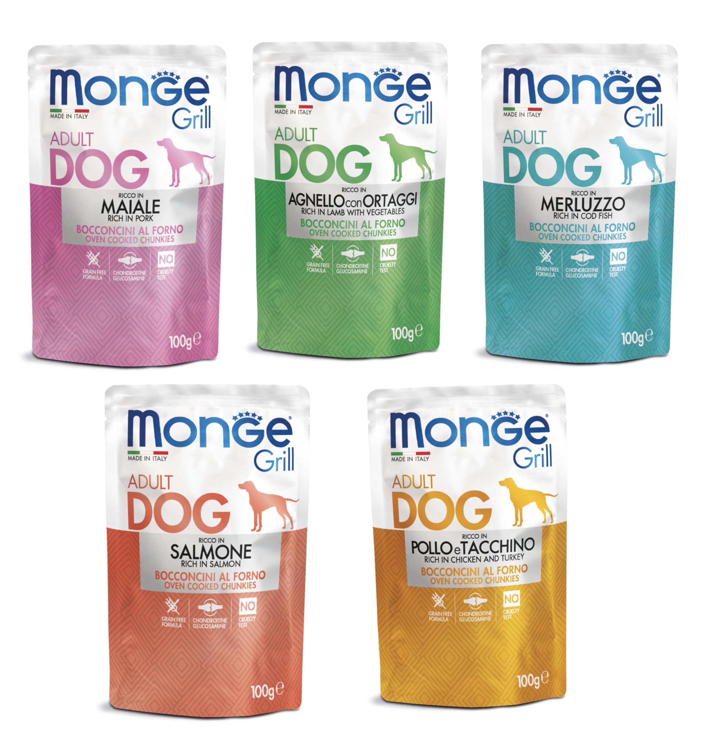 Monge Grill Bocconcini Adult Dog, Cibo Umido per Cani Adulti, Gusti Misti, 100g, 48 bustine