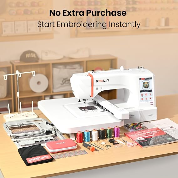 Poolin EOC07 Embroidery Machine,15x 7.9 Large Embroidery Area with 4 Hoops,200 Built-in Designs,7 Touchscreen,Wi-Fi &USB Transfer,Ideal for Home Business & DIY Clothing,Includes Starter Accessories