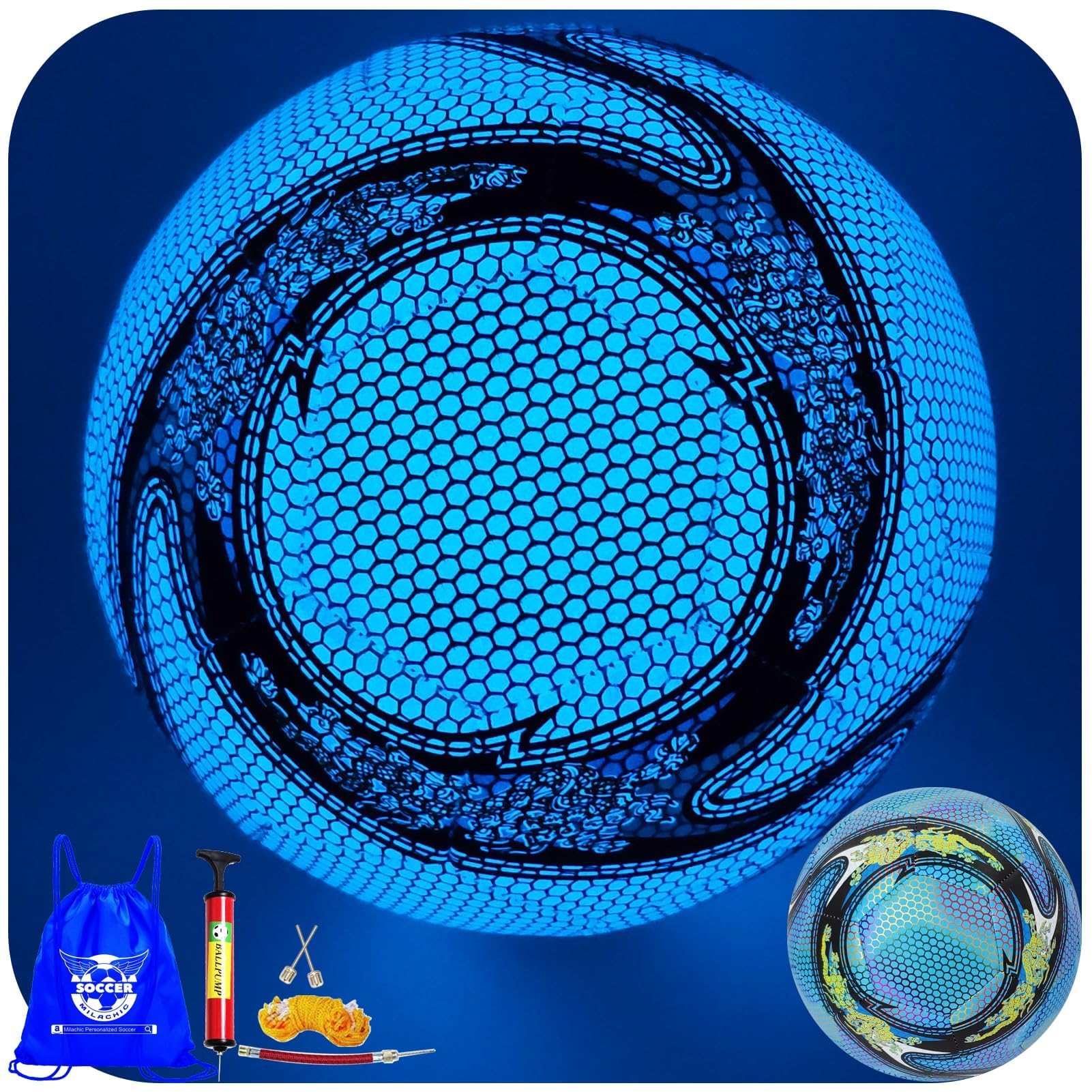 WTOPSBO Soccer Ball Glow in The Dark Blue, Glowing Soccer Ball Size 4/5 for Men Women Night Games, with Pump and Carry Bag