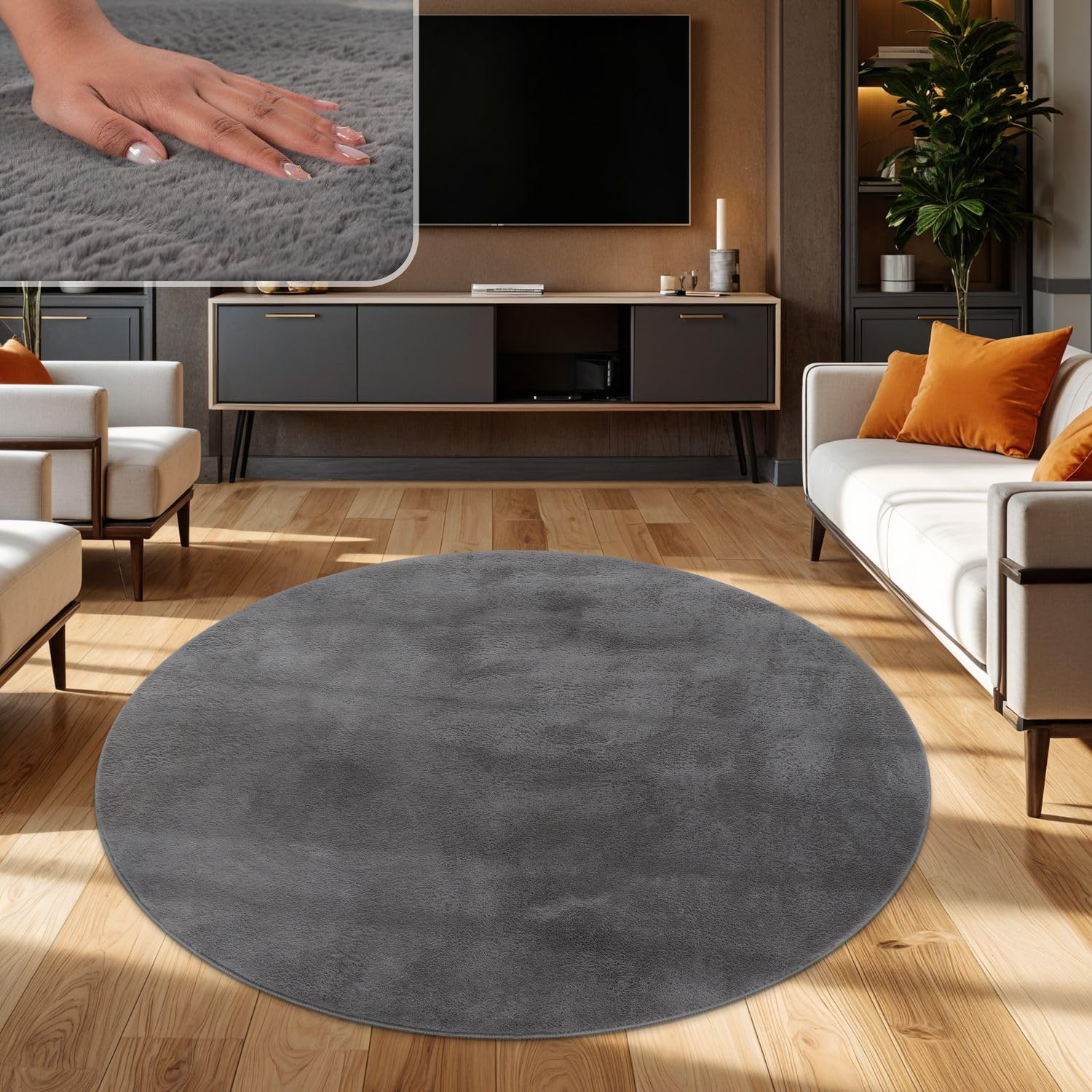 TT Home Wohnzimmer Teppich Hochflor Langflor Kunstfell Weich Modern Unifarben Flauschig, Farbe: Anthrazit, Größe:160 cm Rund
