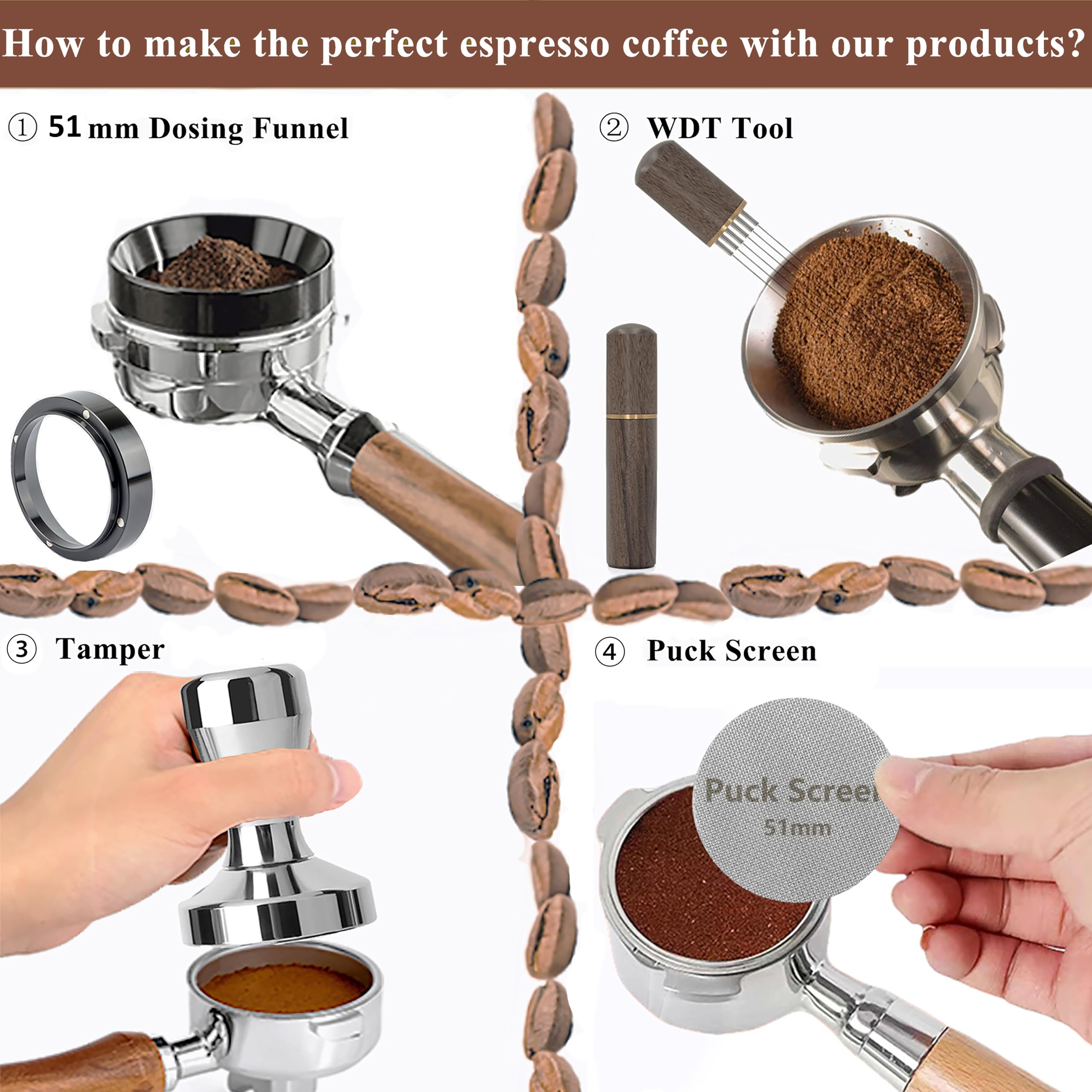 Kit de accesorios de espresso de 51 mm: kit de manipulación de café espresso con manipulador de café de 51 mm, pantalla de disco, embudo dosificador, herramienta WDT, alfombrilla de manipulación, kit
