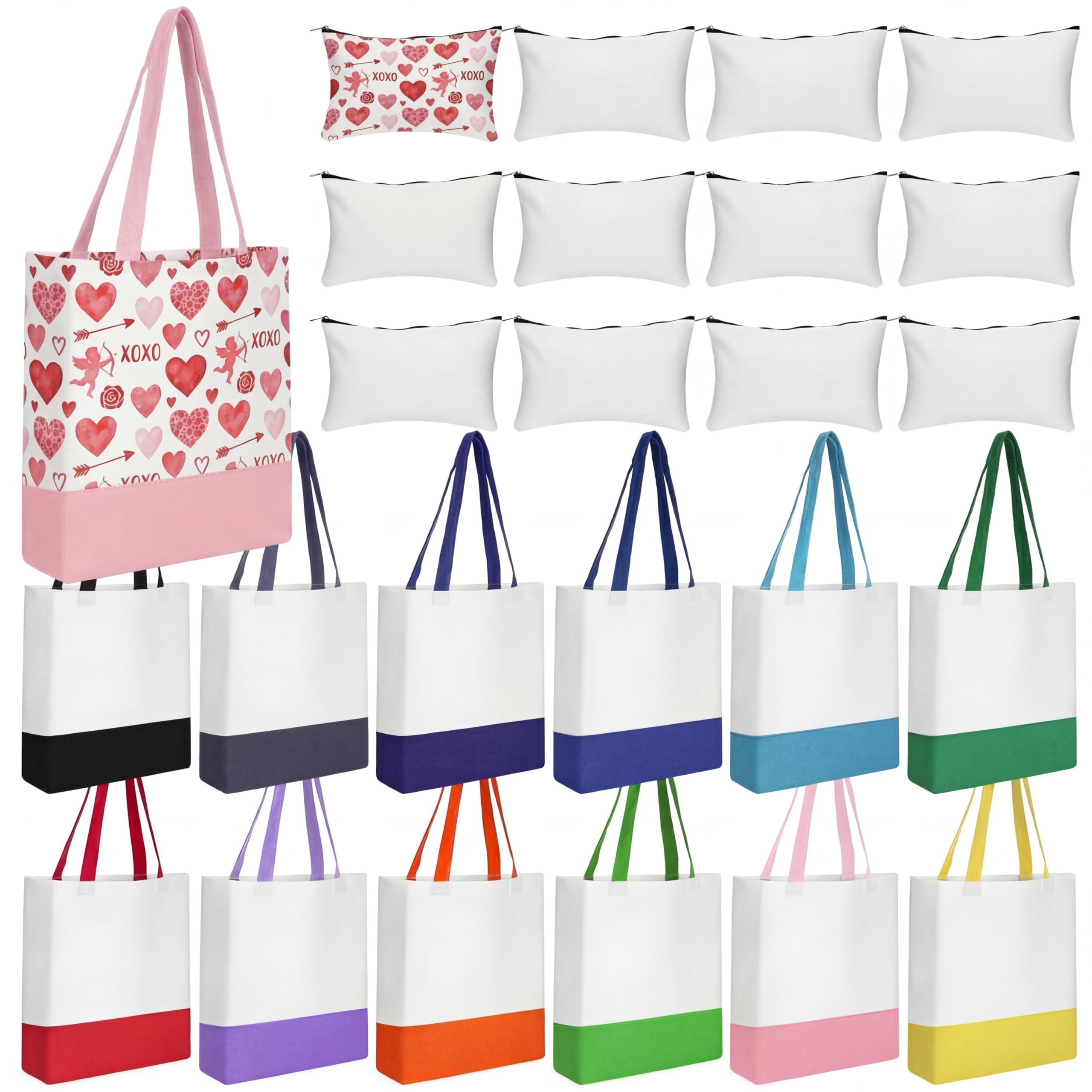 Moukeren 24 Pcs Canvas Tote Bag Bulk with Makeup Bag 13 x 15 Inches Medium 10 oz Lightweight Reusable Grocery Shopping Tote for DIY Sublimation Blank