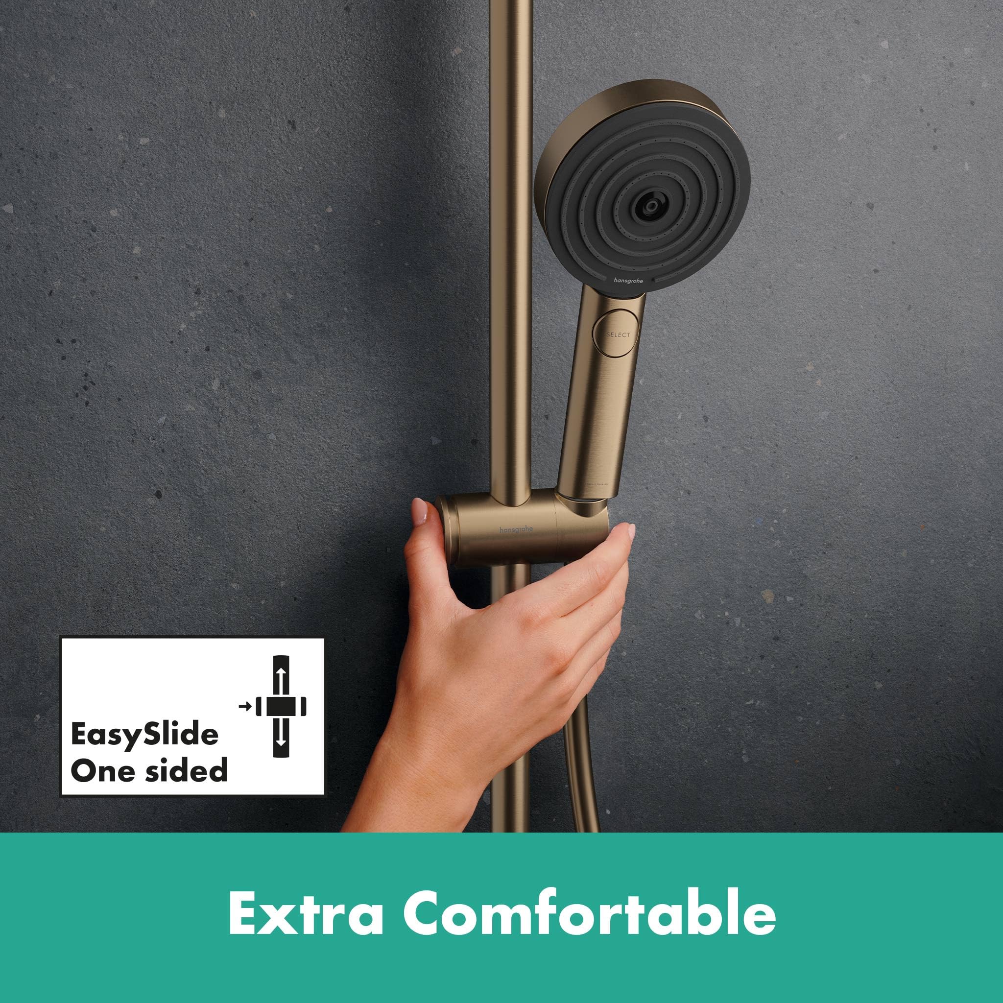 hansgrohe Pulsify S Puro - sistema de ducha ahorro de agua (EcoSmart) con termostato, ducha lluvia (260mm) con grifo, ducha de mano, flexo ducha, barra y ducha fija redonda, bronce cepillado, 24237140