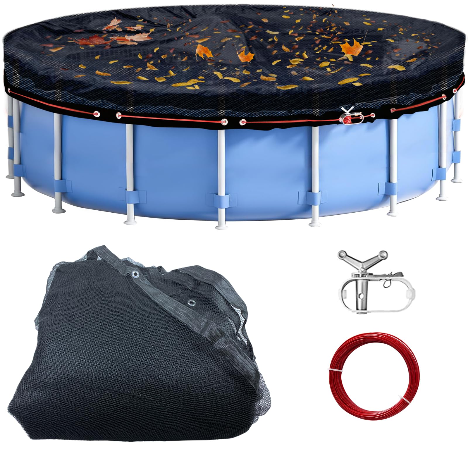 Pool Leaf Net Cover 18 Ft Round Above Ground, Durable Black Swimming Pool Leaf Net Cover with Winch & Cable, Mesh Winter Pool Cover Net for Leaves for 18 Ft Round Pools (Black, 18 Ft)-image-9