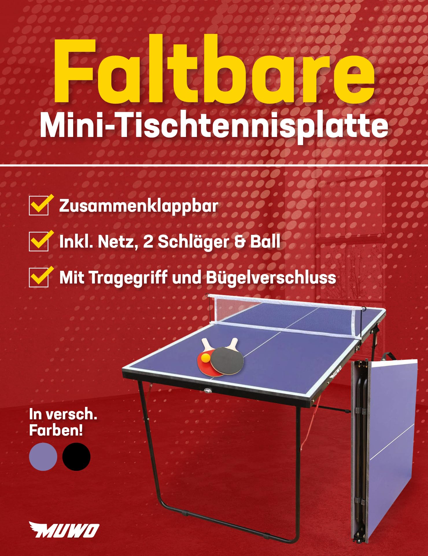 MUWO Indoor Faltbare Mini-Tischtennisplatte, Robustes Stahlgestell. Kompakt, mit Tragegriff. 137 × 76 cm, inkl. Netz, Zwei Schläger und Tischtennisball