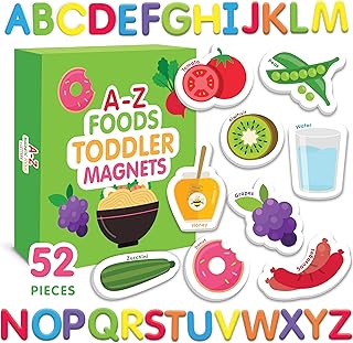 Curious Columbus - Fridge Magnets for Toddlers - Learning Magnets for Toddlers - Set of 52 Toddler Magnets - 26 Big Foam Food Magnets + 26 ABC Alphabet Magnets - Fun Refrigerator Magnets for Kids