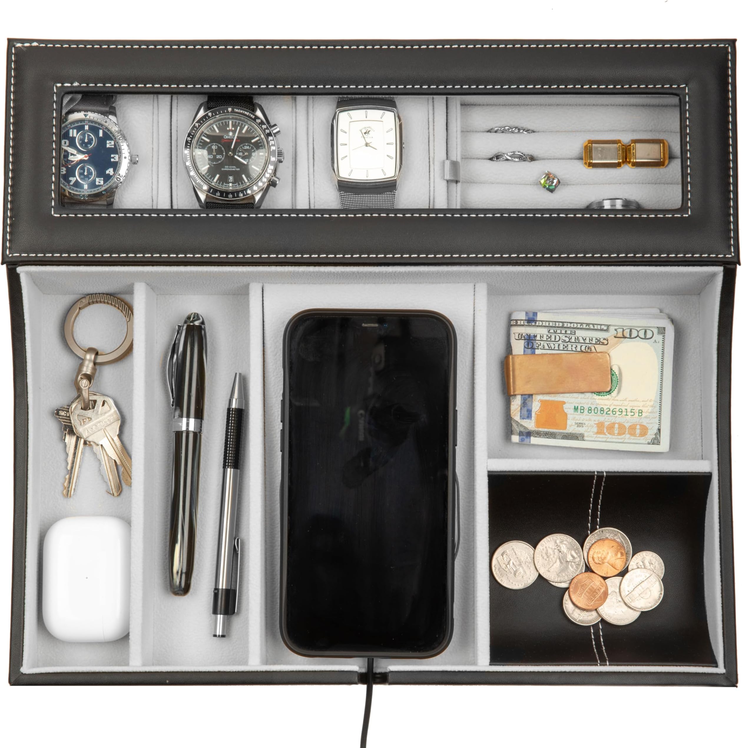 HOUNDSBAY Navigator Large Dresser Valet Tray & Mens Jewelry Box Organizer - Watch Box Organizer for Men with Angled Charging Station (Grey)