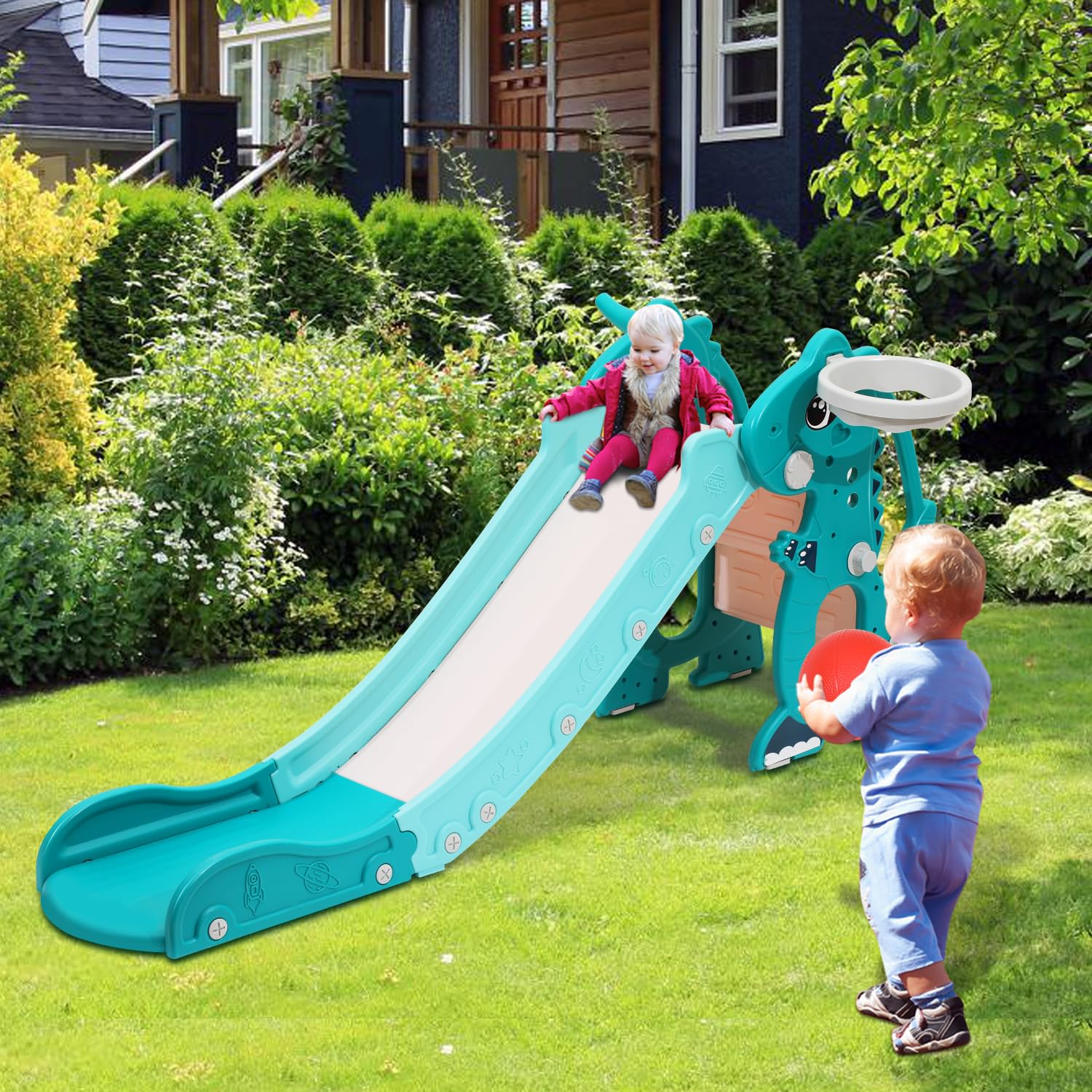 Fiqops Kinderrutsche 4-in-1 Faltbar mit Basketballkorb, Indoor Outdoor Baby Rutsche 145x38x67 cm bis 35 kg Grün