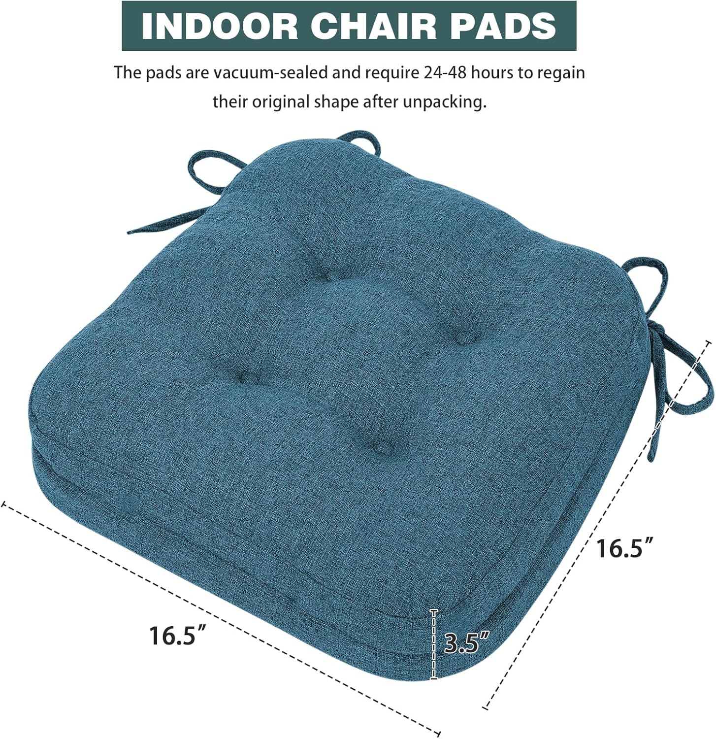 baibu Set of 6 Dining Chair Cushions, Dual-Layer Patent Design Memory Foam Kitchen Chair Cushions, Non-Slip Seat Pads with Ties, 16.5 x 16.5 x 3.5in, 6 Pack, Blue
