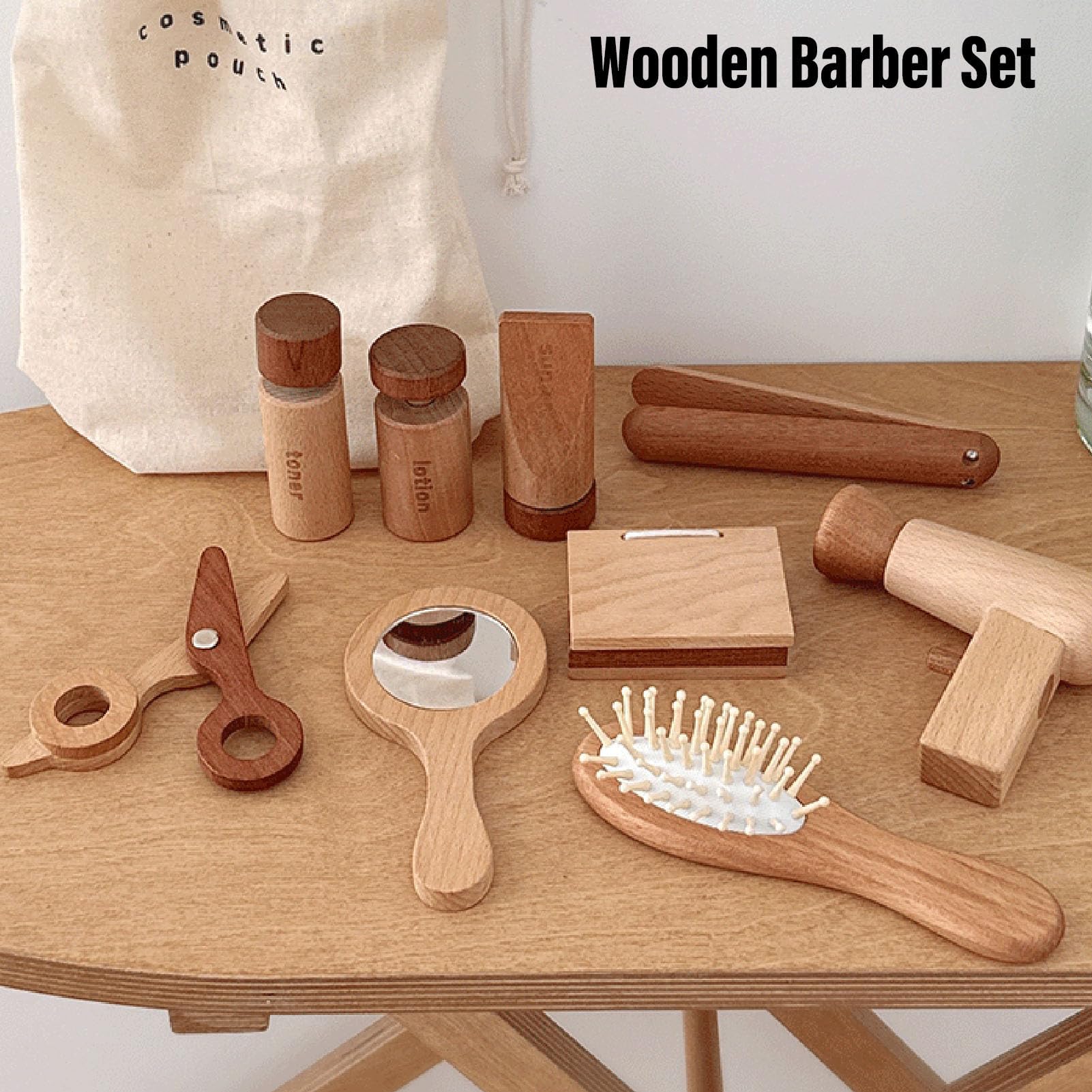 Juego de 11 juguetes de maquillaje de madera para juegos de rol creativos, bonito salón de belleza, con secador de pelo, espejo y accesorios para niñas
