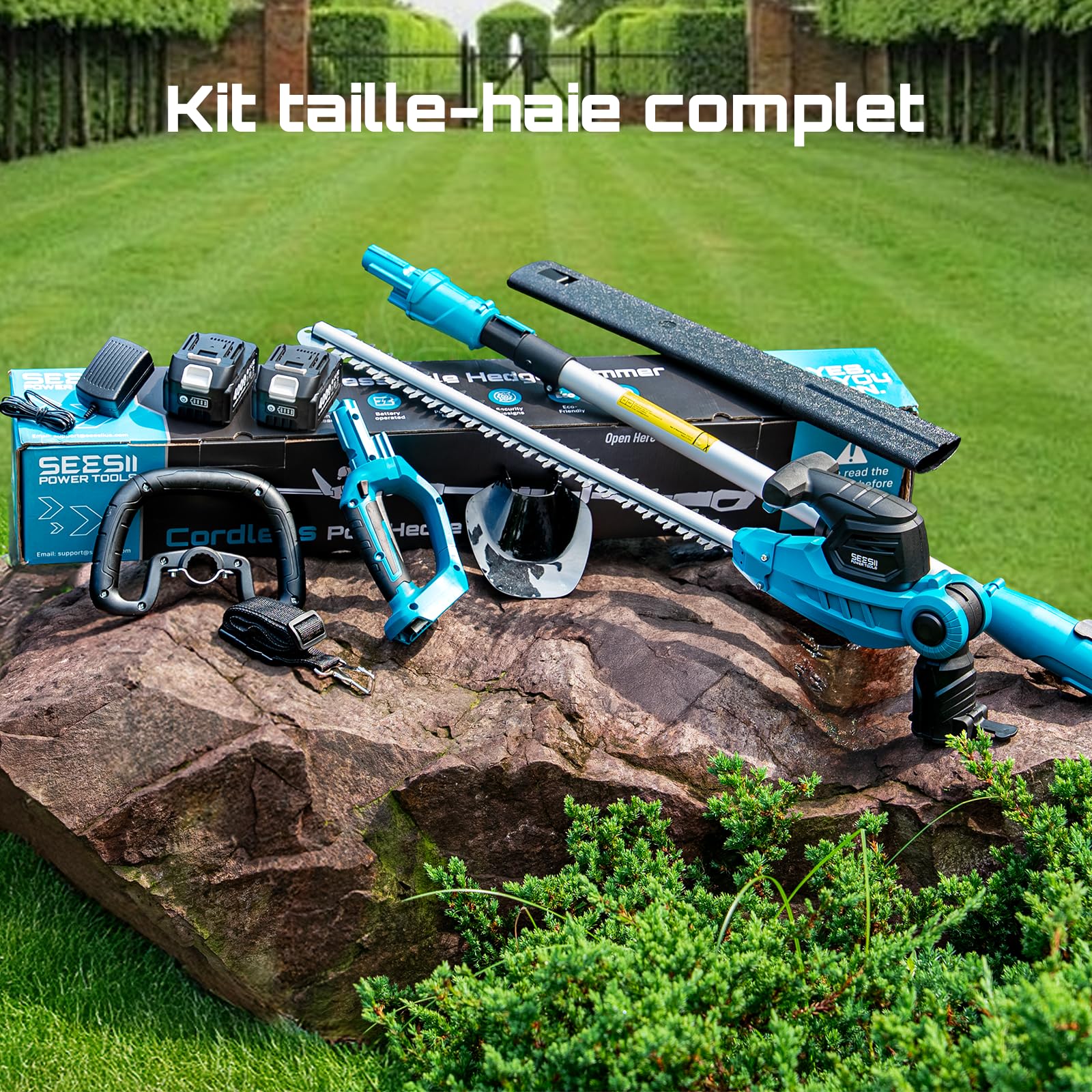 SEESII Taille Haie Batterie 2 en 1, Taille-Haies Électrique avec Lame de 53 cm, Portée Maximale de 2,6 m, Capacité de Coupe de 18 mm, 2 Batteries de 4,0Ah, Convient pour Jardin, Arbres et Arbustes