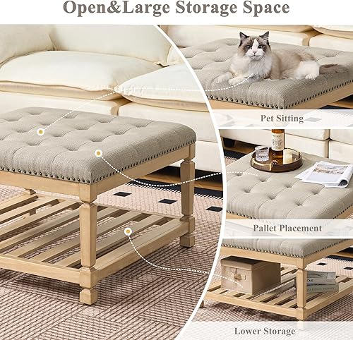 Miniatura 5 de Mesa de centro otomana cuadrada grande, reposapiés tapizado sólido de lino con estante de madera maciza, mesa de centro copetuda para dormitorio,