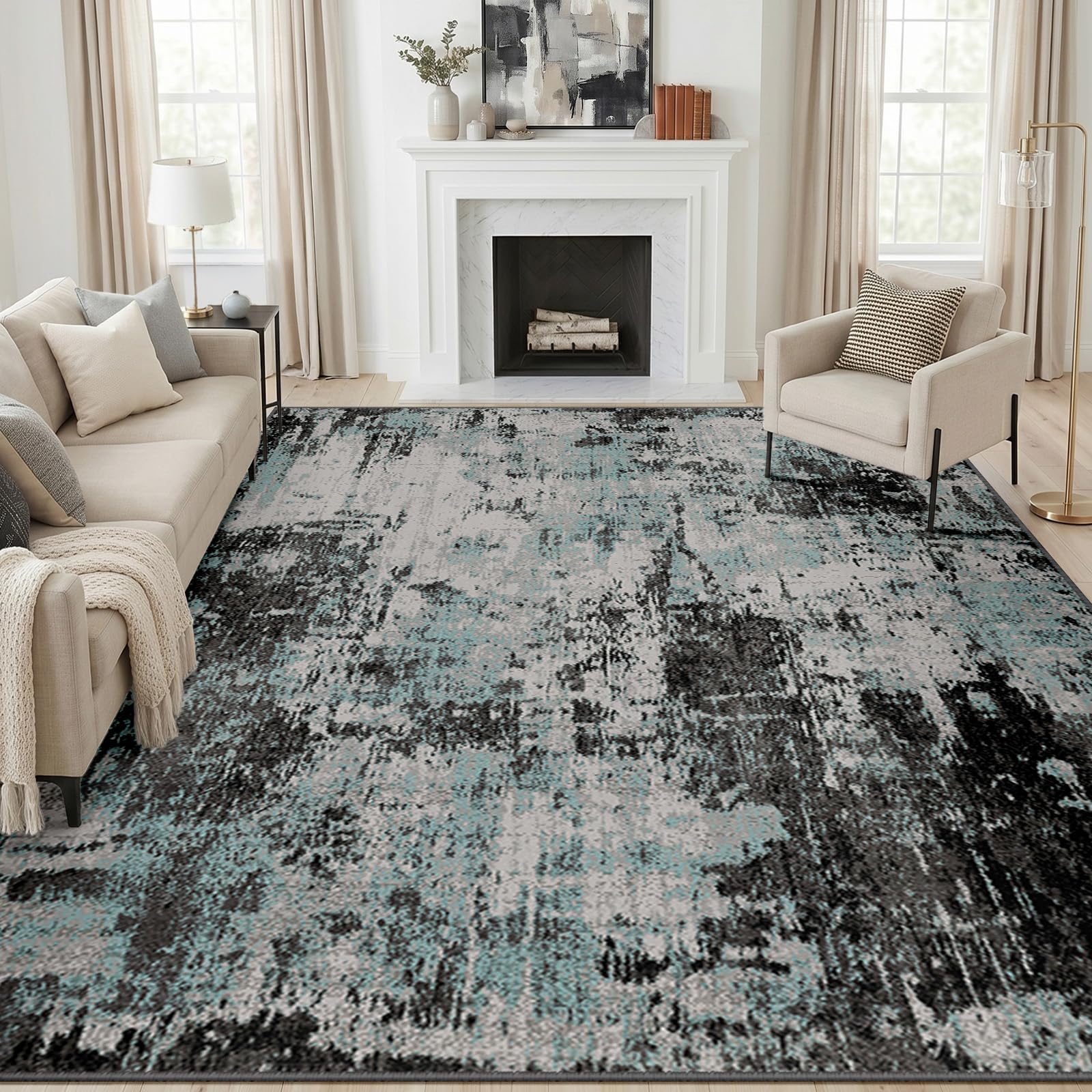 DEFYNEE Extra Large Rugs Living Room 240x300 cm, Modern Abstract Rug Non-Slip Soft Low-Pile Washable for Hallway, Bedroom, and Dining Room-Blueblack