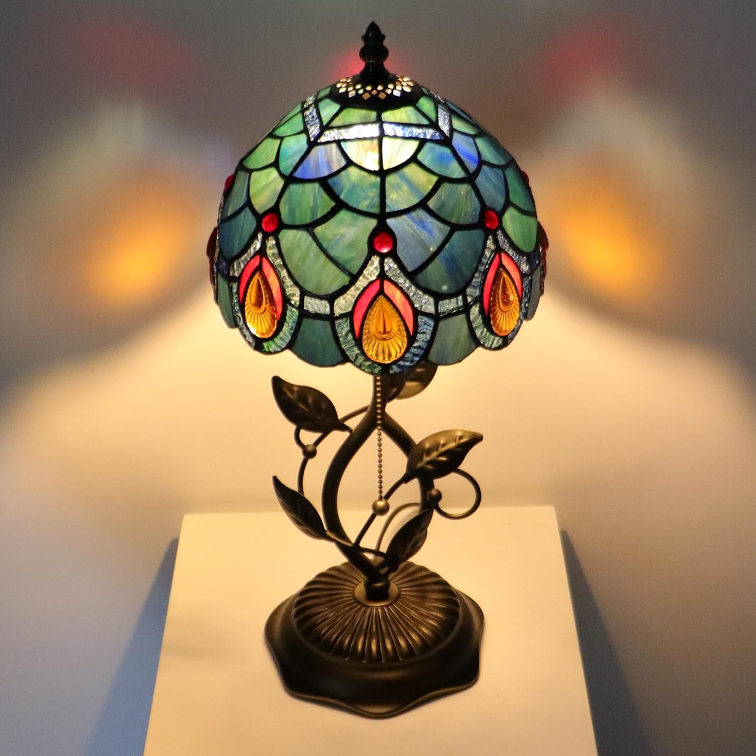 Small Tiffany Lamp Sea Blue Peacock Tail Style Stained Glass Table Lamps Desk Bedside Reading Light 8X8X18 Inches with Bronze Metal Leaf Resin Base