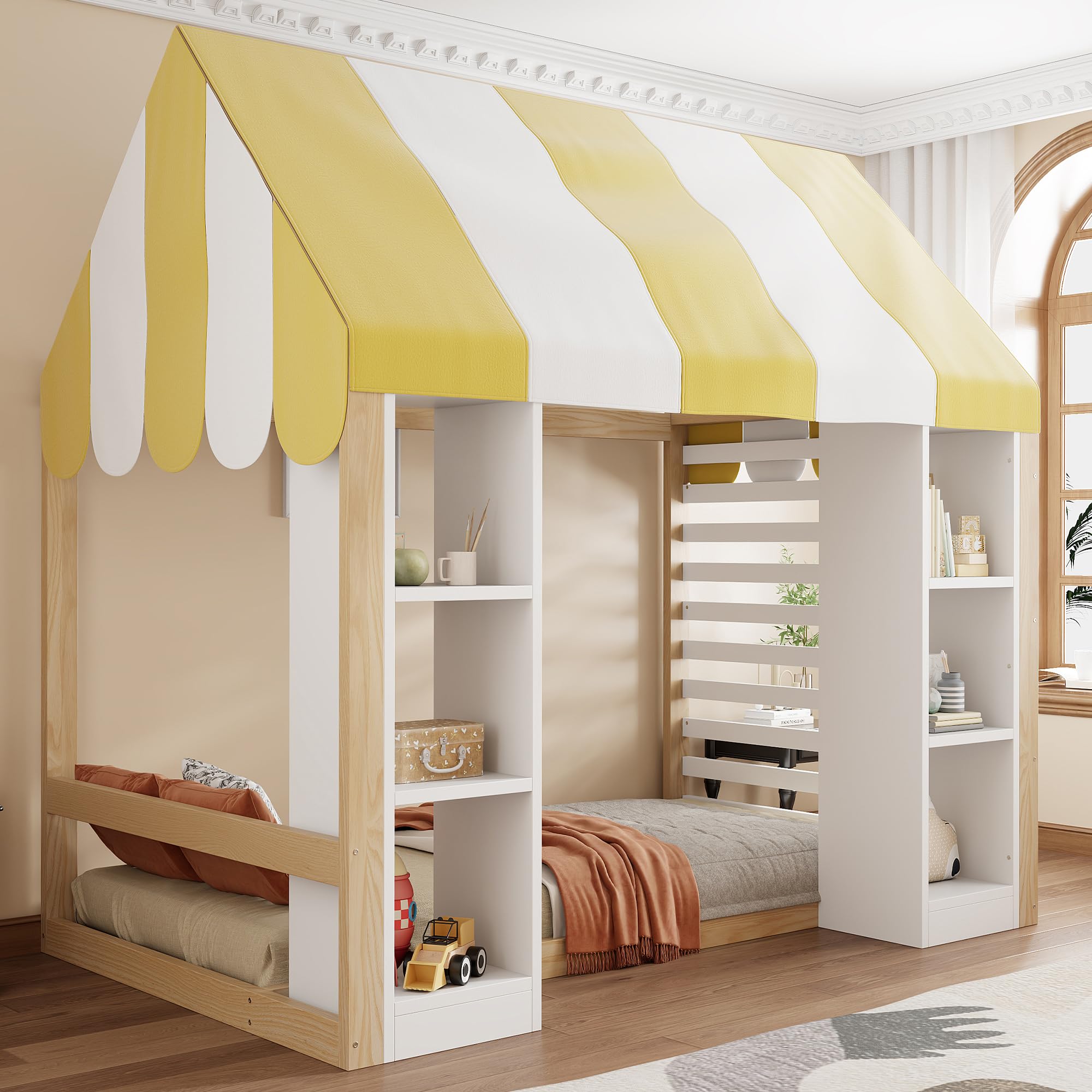 Kinderbett Landhausstil, 90 x 200 cm, mit Himmelbett, offenem Stauraum vorne und Holzrahmen, Holzfarbe+weiß, Weiß+Natur