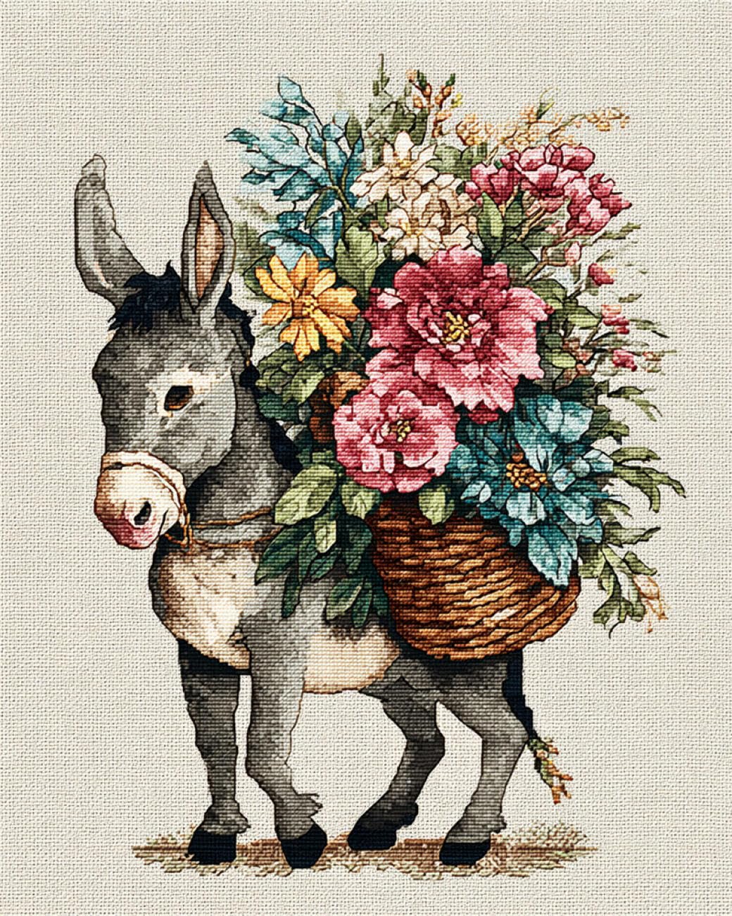 AMBATTERY Animal Tapestry Kit Donkeys and Flowers DIY Crochet Kit Embroidery Set Rug Making Canvas Kits Needlework Crafts for Home Decor 31x63in