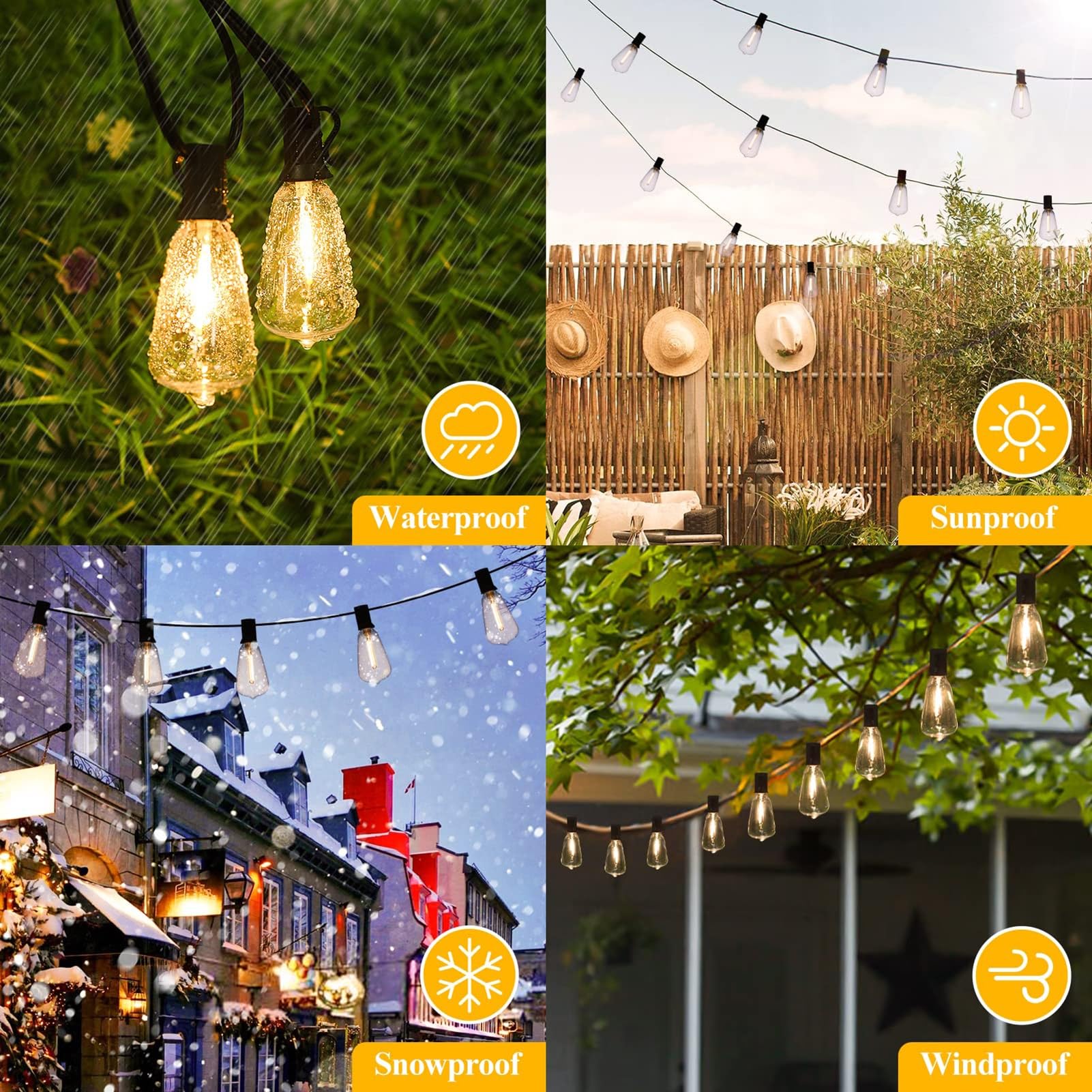 Lampy solarne do użytku na zewnątrz, oświetlenie tarasowe z żarówkami LED Edison ST38, wodoodporne, wtykowe, ściemniane, do zawieszenia na dziedzińcu (16,5 m30l)