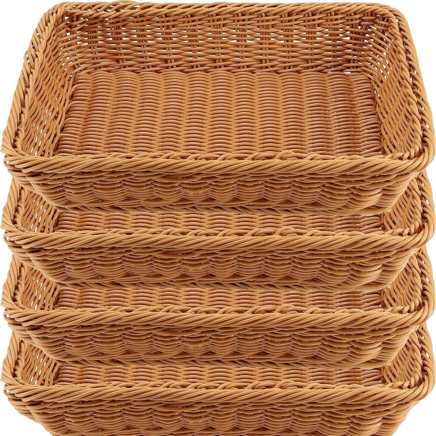 Poly Wicker Bread Basket, Natural Brown, Rectangular, 14X10x3 Inch, Woven Pantry Organizer, Tabletop Food Serving Baskets For Storage (14"x10"x3", 4, Pack)