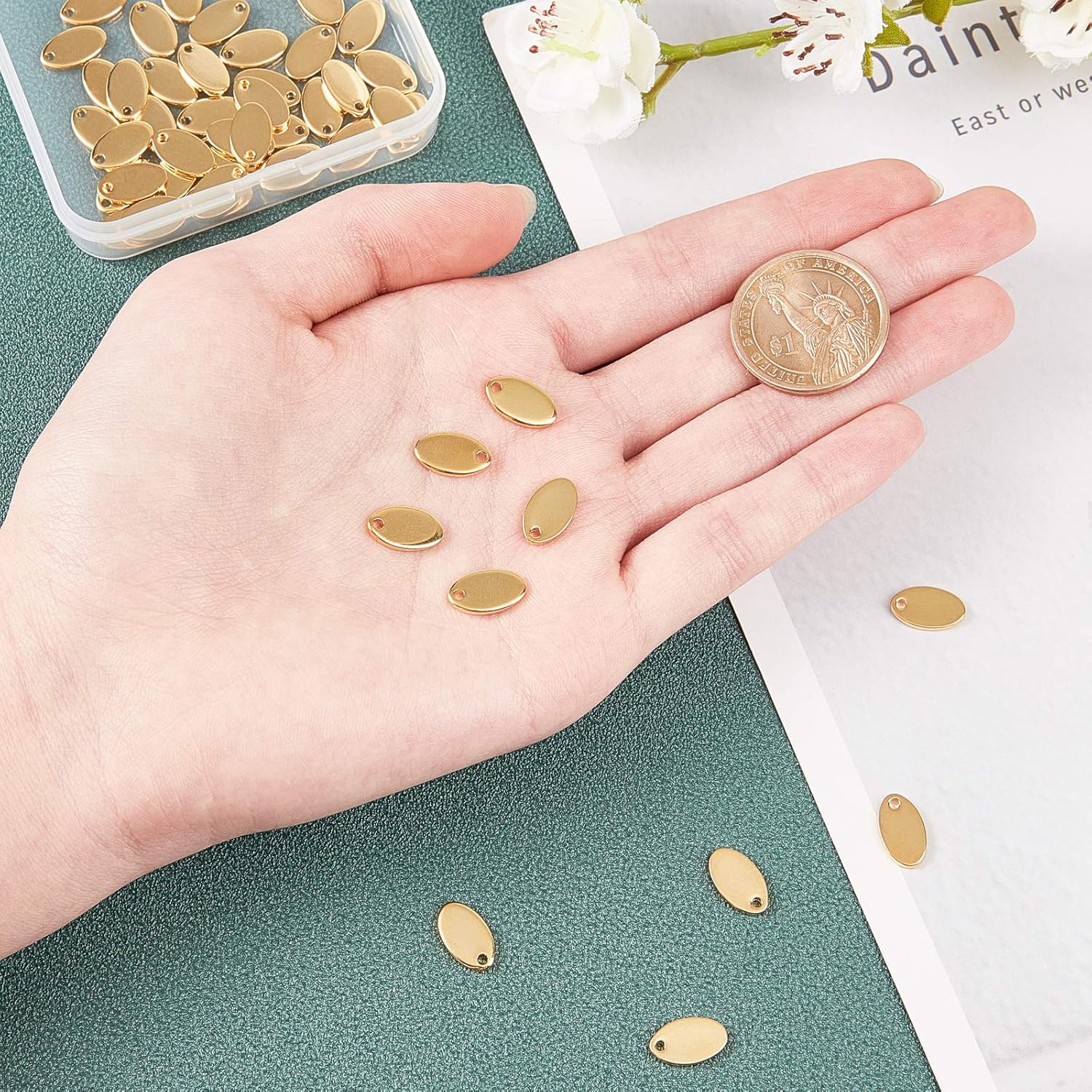 UNICRAFTALE About 50pcs Oval Gold Charm Hypoallergenic Metal Pendants Stainless Steel Charms Flat Blank Tag 1.5mm Hole Pendant for Jewelry Making 12.5mm Long - Image 2