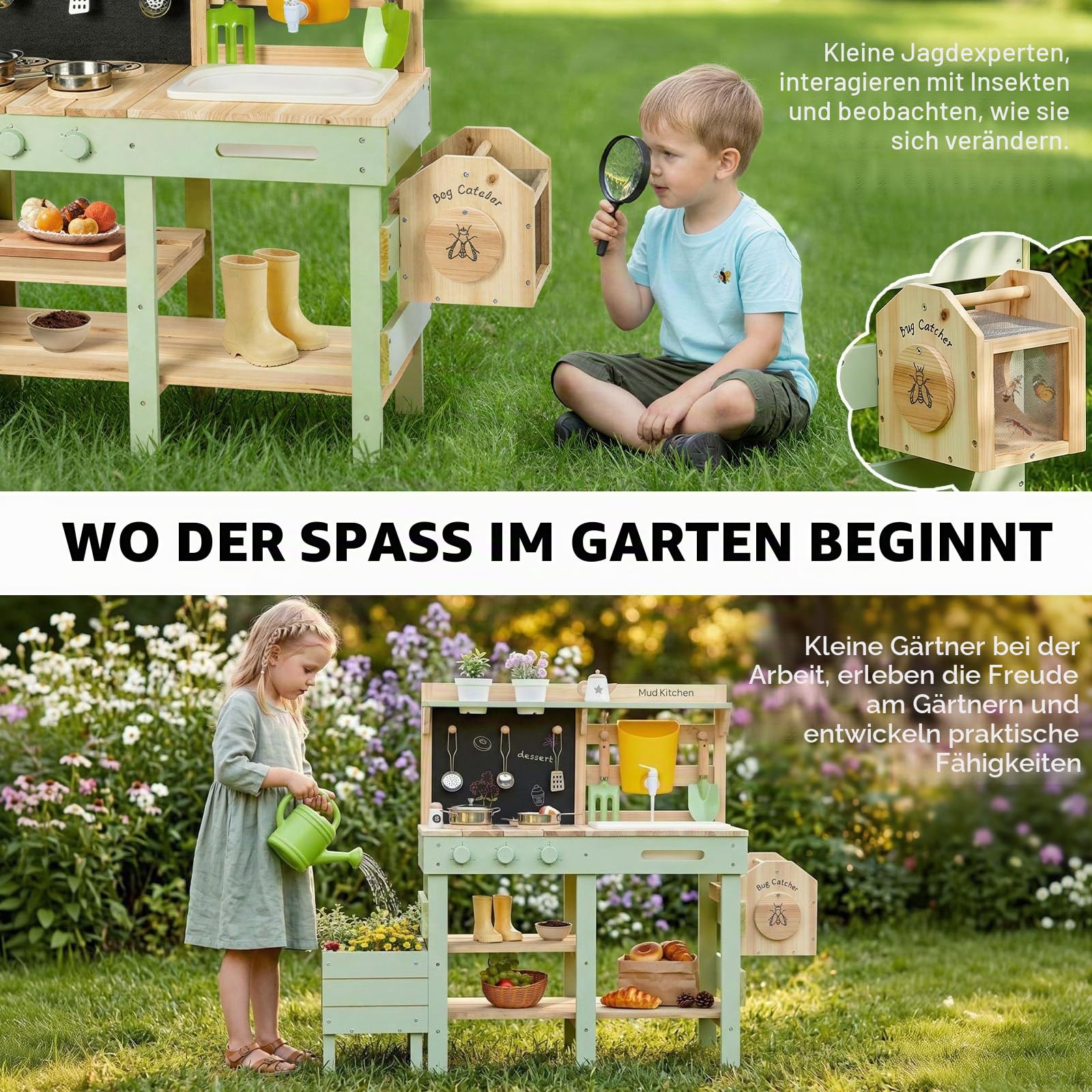 Labebe Matschküche Kinder Outdoor, 3-in-1 Matschküche mit Pflanzkasten und Insekten-Beobachtungsbox, Outdoor Spielküche & Kinderküche aus Holz mit Spüle, Wasserhahn und Zubehör, ab 3 Jahren