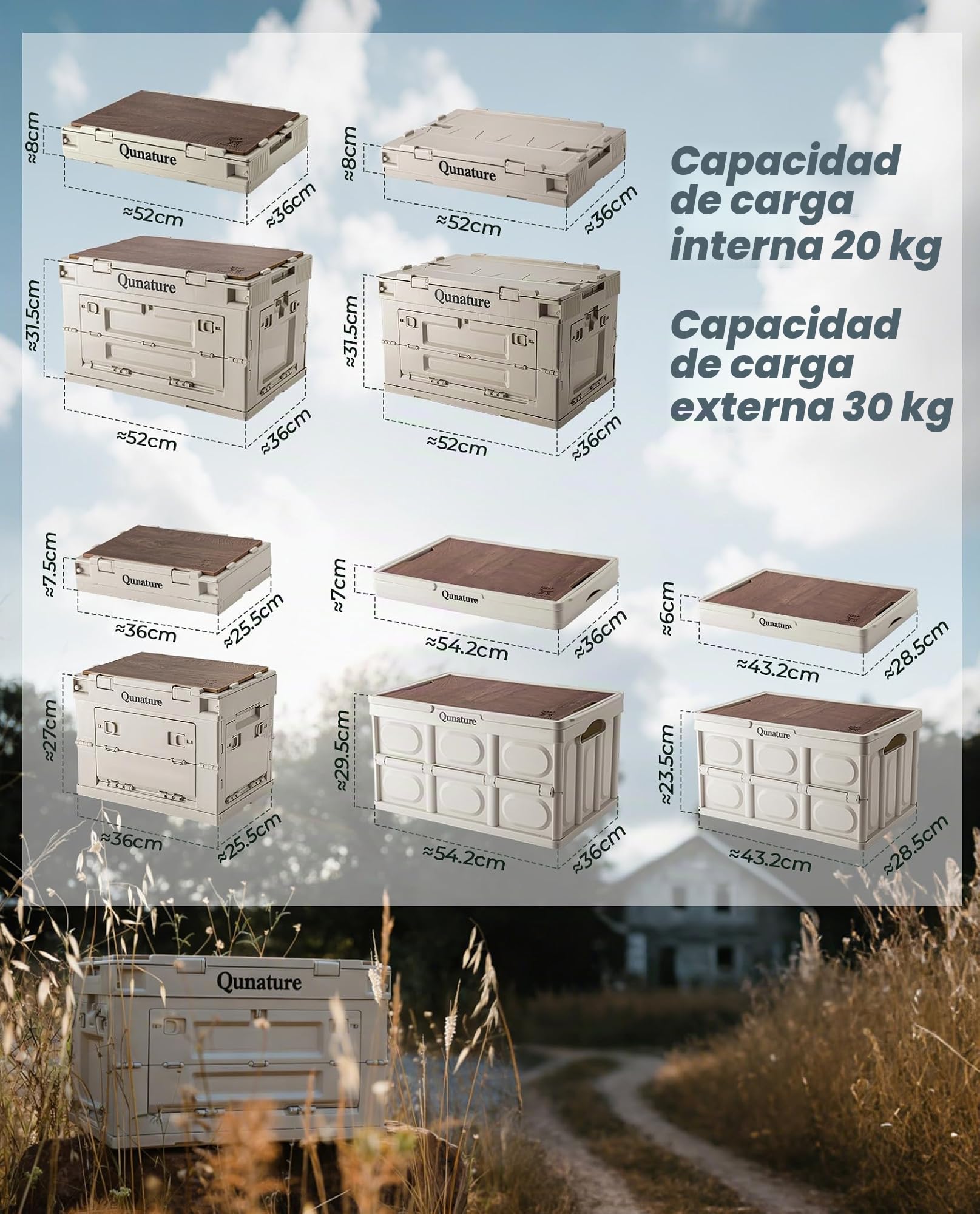Caja de Almacenamiento Plegable con Tapa Cajas de Camping Almacenaje Organizadoras Accesorios de Camping al Aire Libre para Acampar, Jardín, Viajar, Familia 26L/30L/ 55L/ 60L