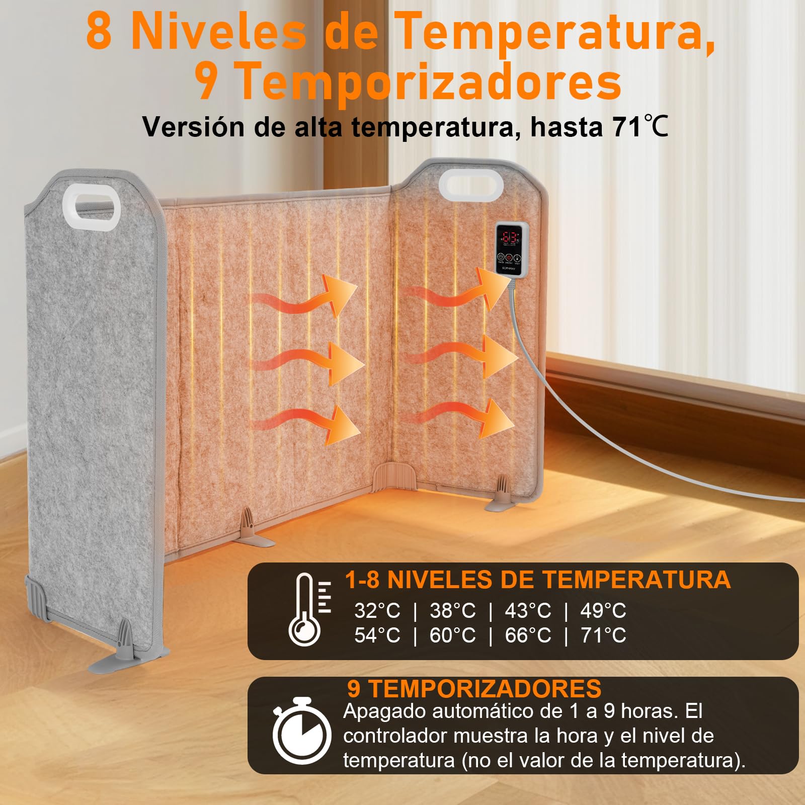 Calentador de piernas pies plegable 5 pliegues bajo escritorio 8 niveles alta temp Temporizador 1-9H eléctrico 285 W