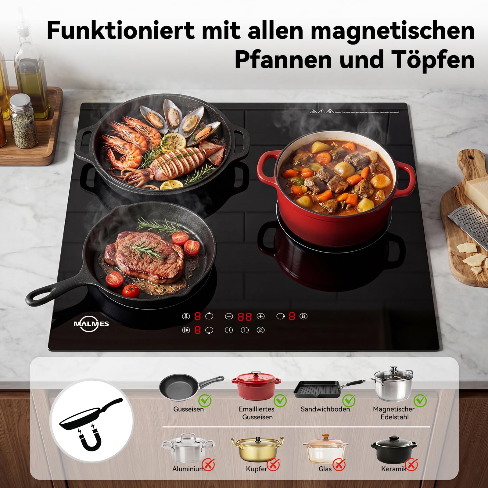 3 Platten Induktionskochfeld 60 cm, 5500W Einbau Kochfeld Induktion | Power Booster Touch-Bedienung, 9 Leistungsstufen, Sicherheitsschloss, Touch-Bedienung, Zeitschaltuhr, D60355C1