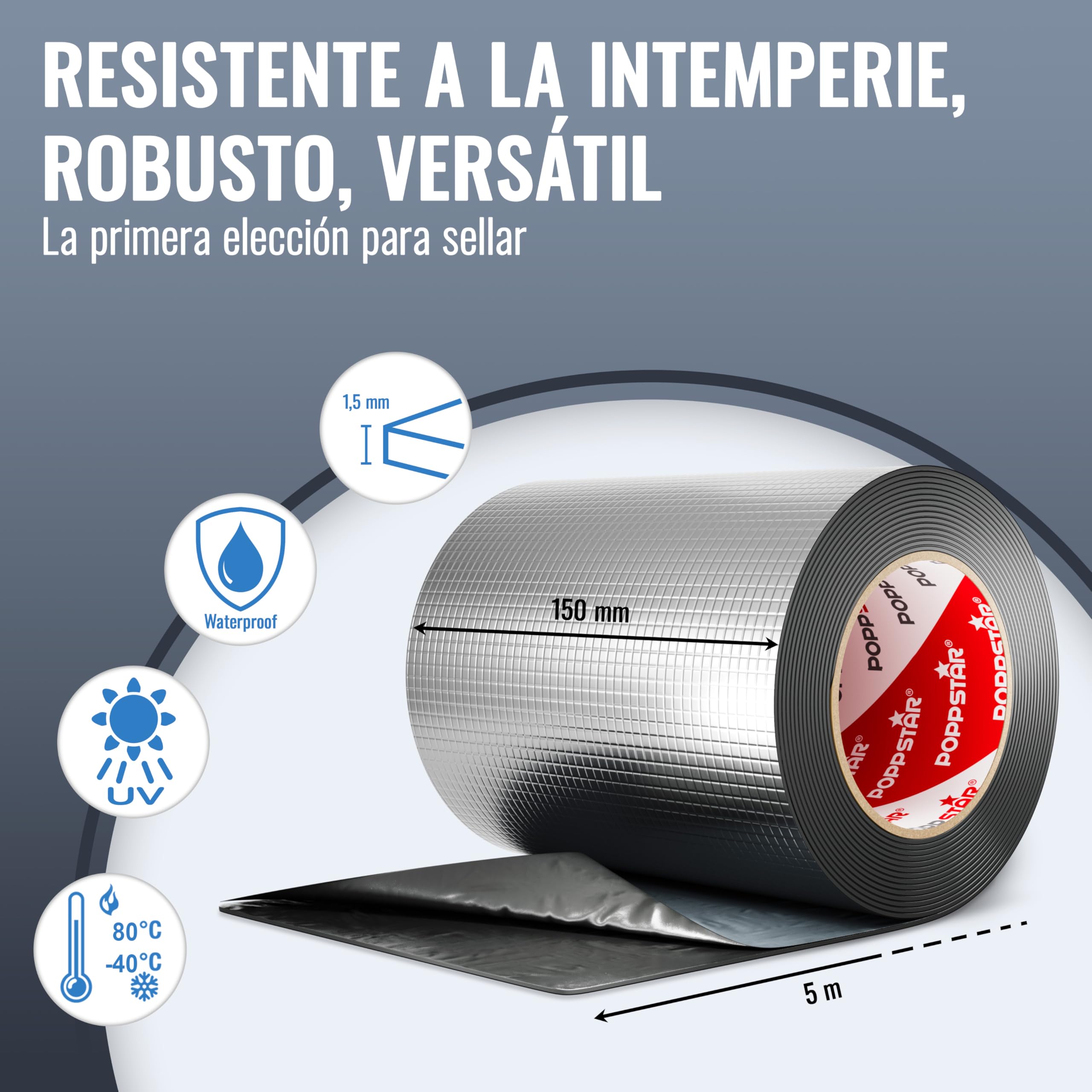 POPPSTAR Cinta butilo impermeable (15 cm - super ancho) cinta de goma de butilo con papel de aluminio (5m de longitud) autoadhesiva y selladora